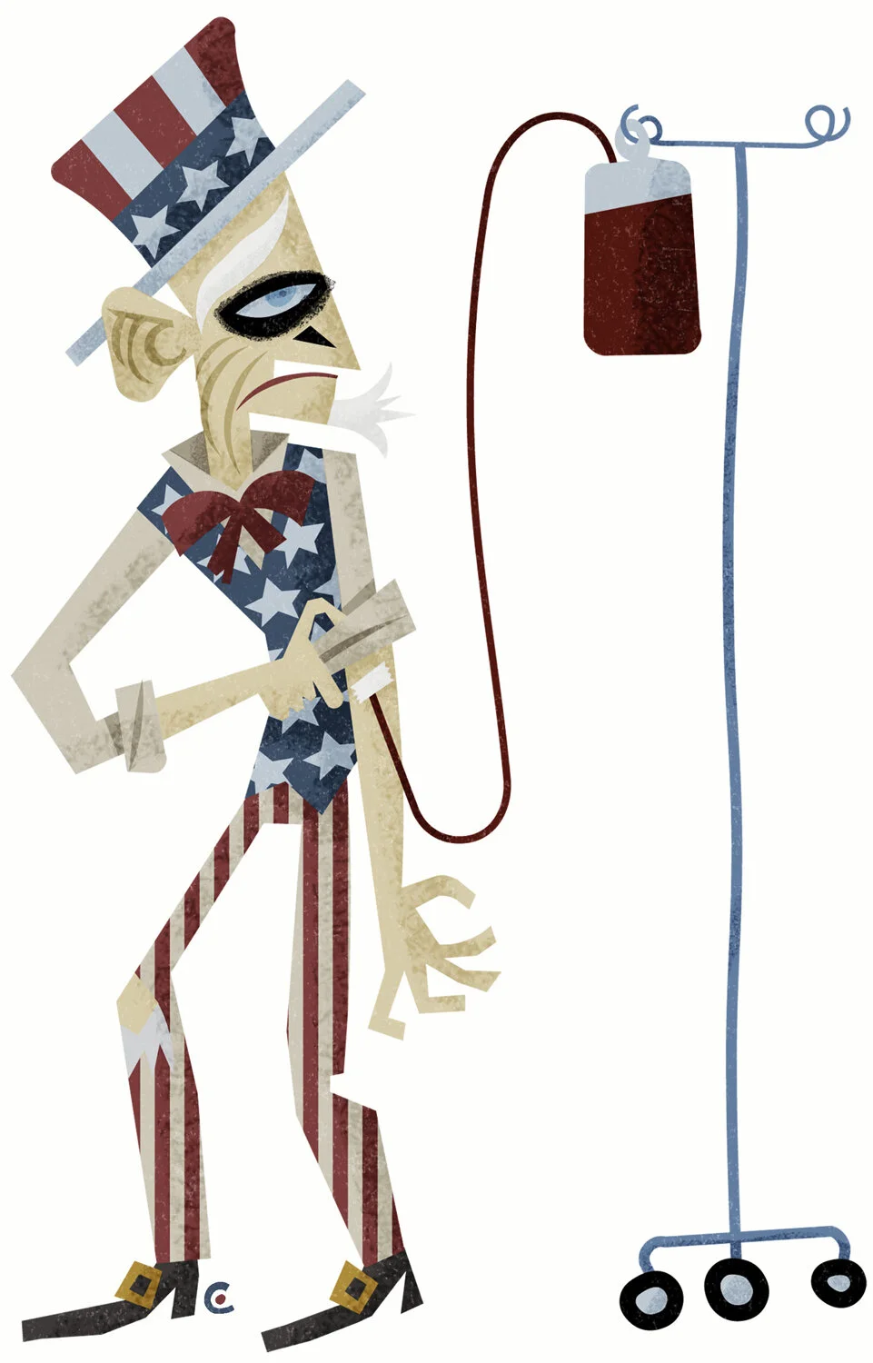 Cartoon of a person wearing a patriotic outfit with stars and stripes, using an IV drip.