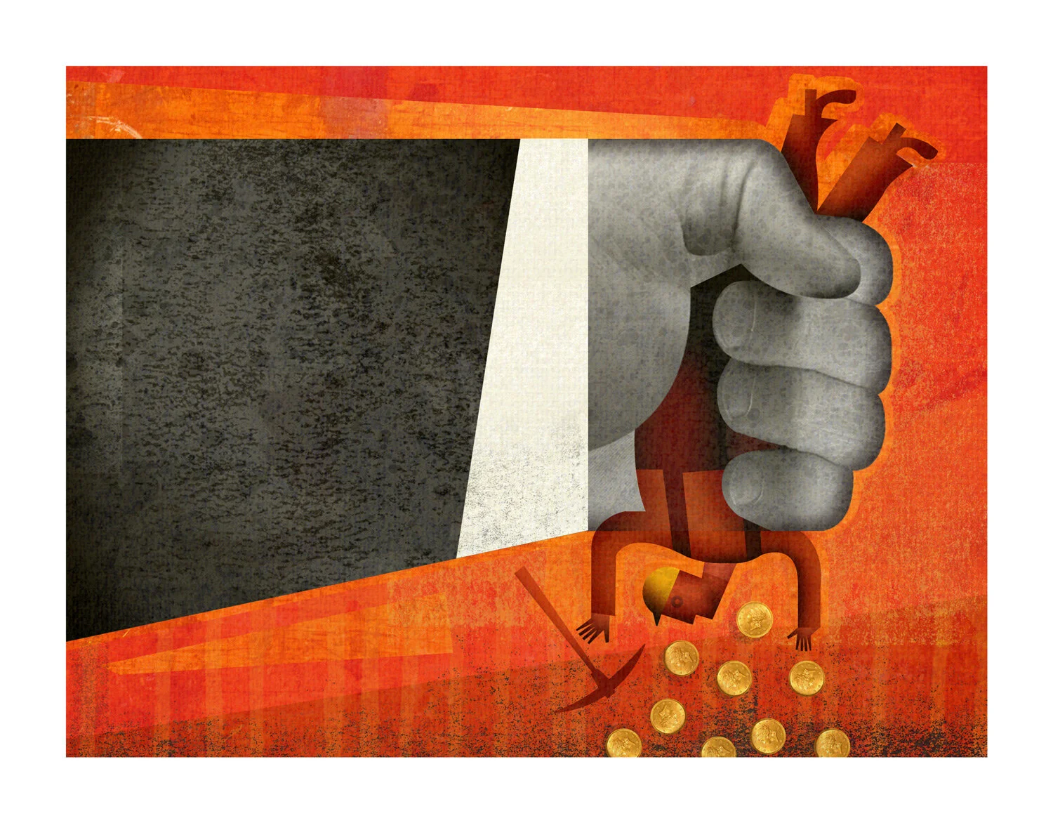 Illustration of a large hand squeezing a worker upside down, shaking out coins. Background is red and orange, with a pickaxe and coins falling. Symbolizes exploitation.