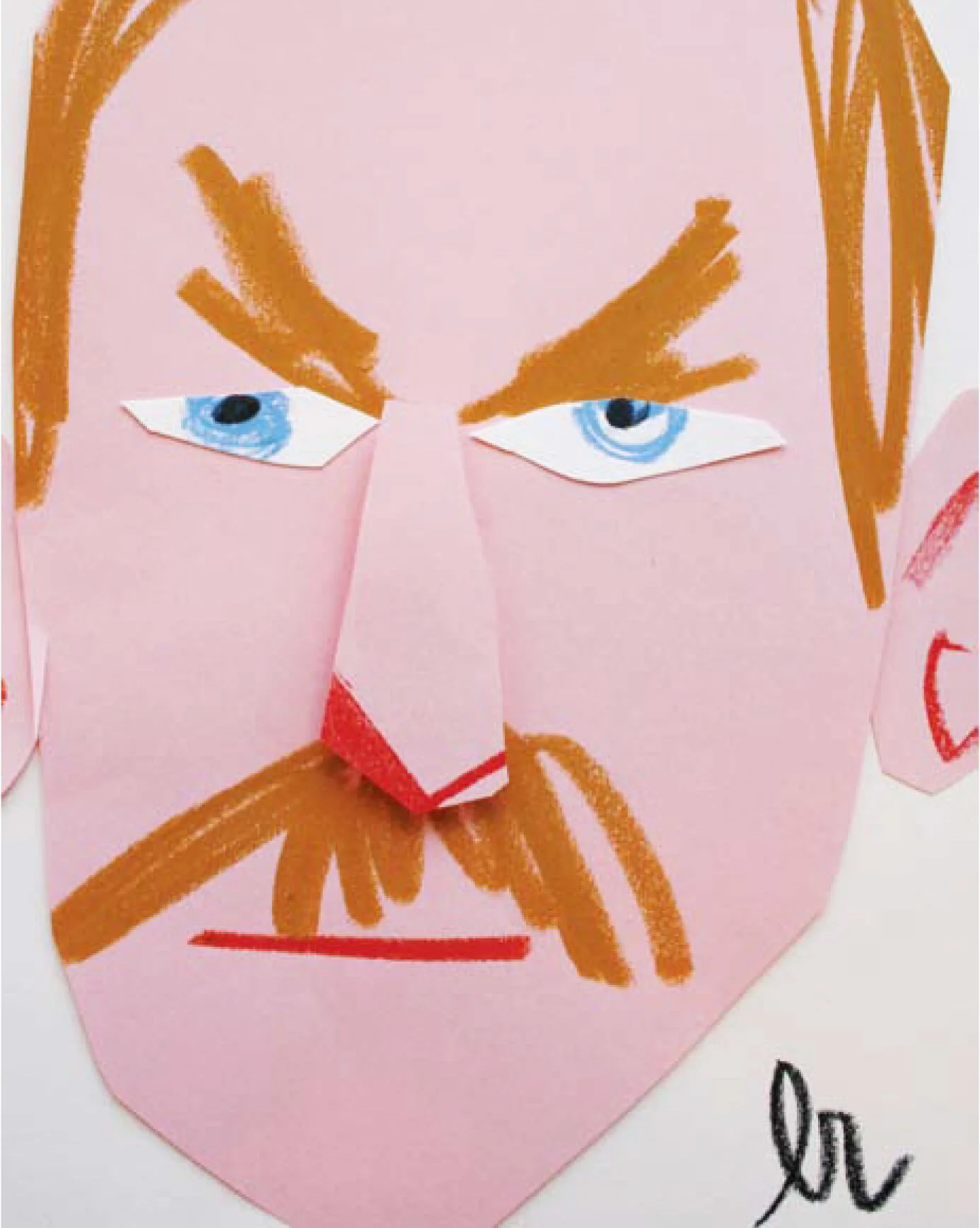 Collage of a face with pink paper and drawn features, including blue eyes, brown eyebrows, and a mustache.