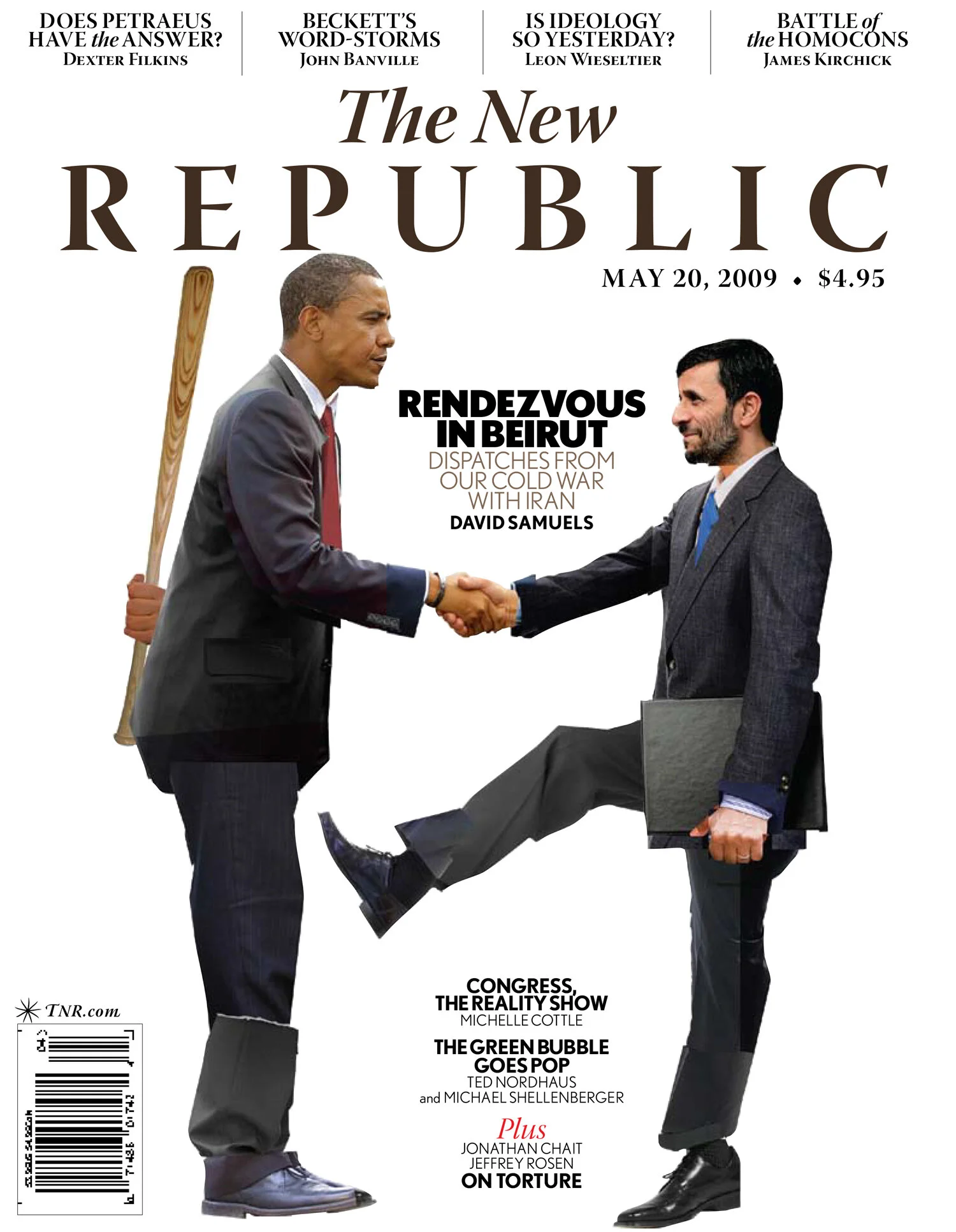 Cover of "The New Republic" magazine, May 20, 2009, depicting two men shaking hands, one holding a bat and the other holding a document. Various article titles are listed surrounding the figures.