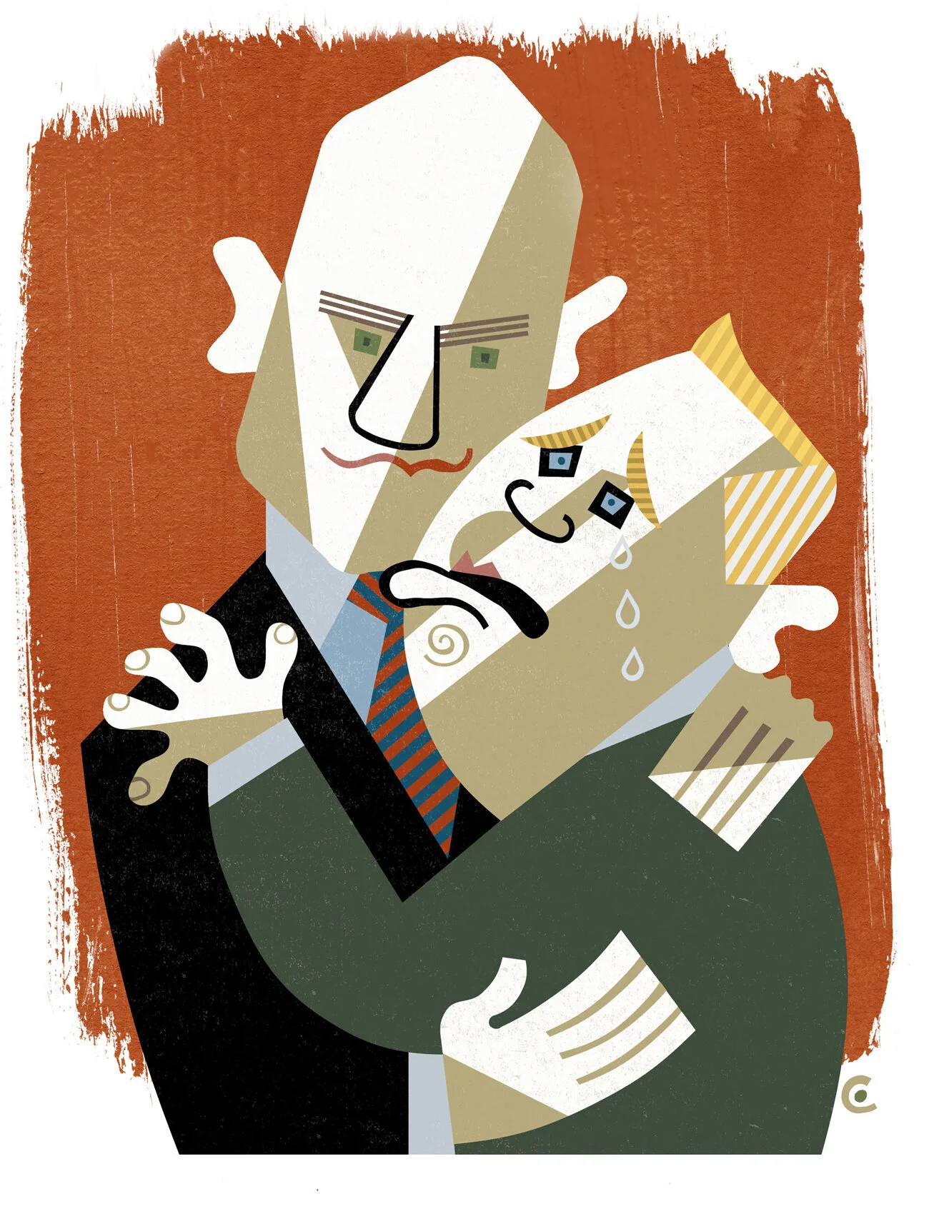 Abstract illustration of two geometric figures in an embrace, one with a mustache and suit, the other with a distressed expression and tears. Background is textured brown.
