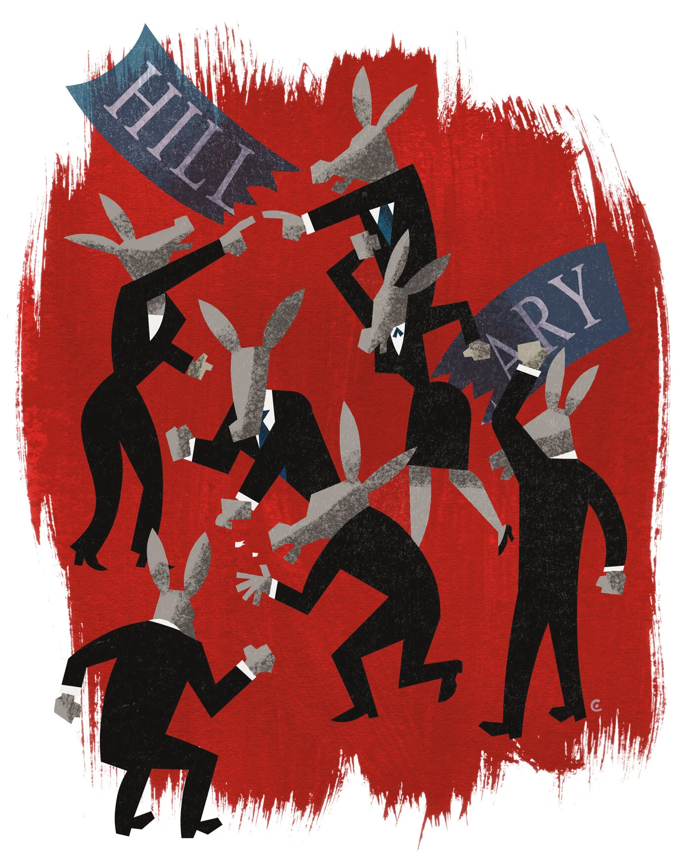 Illustration of donkeys dressed in suits, arguing in a chaotic manner, holding banners with the text "HILL" and "ARY", set against a red background.