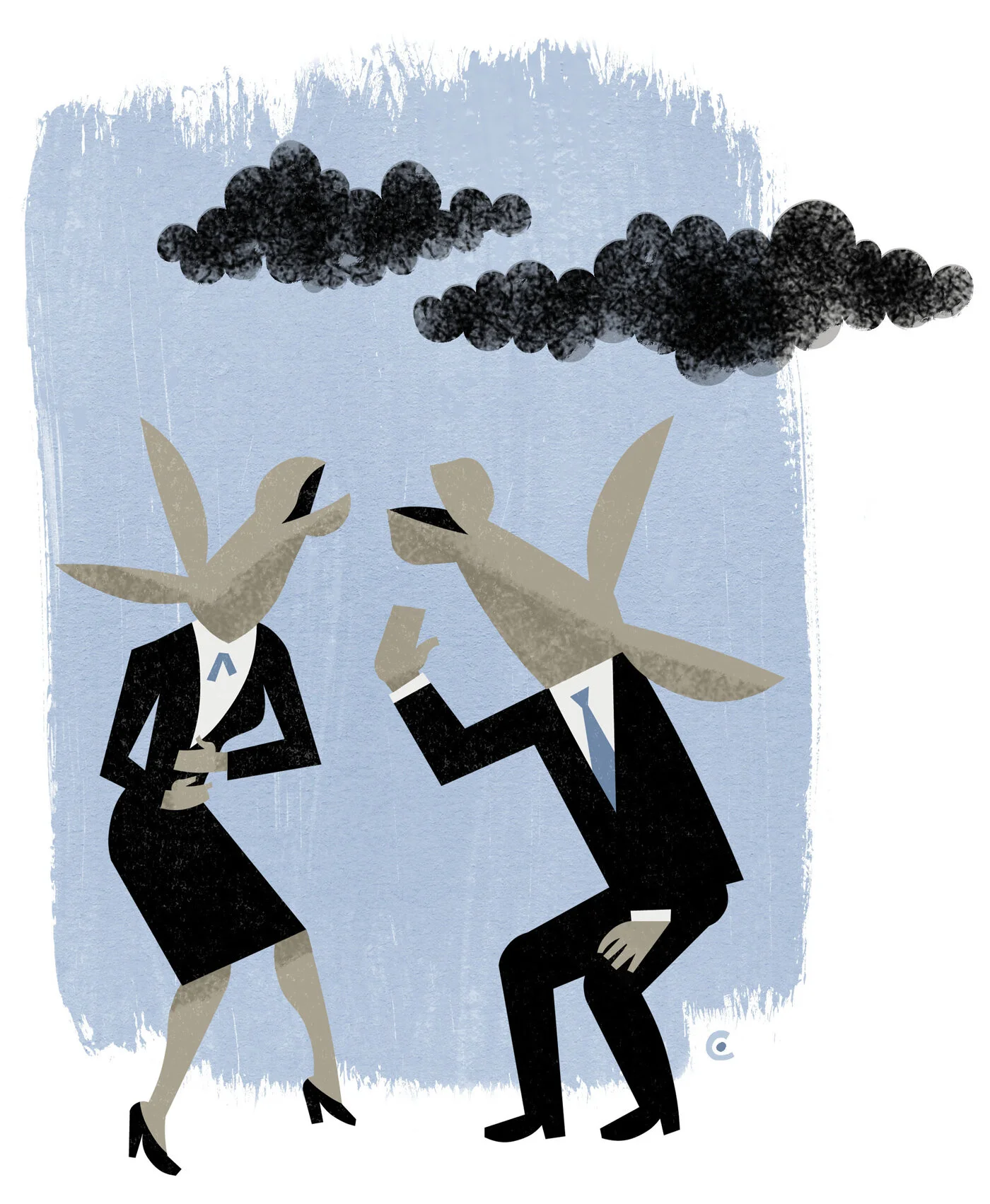 Abstract illustration of two anthropomorphic donkeys in business attire under dark clouds, with the male seated and gesturing, and the female standing, set against a textured blue background.