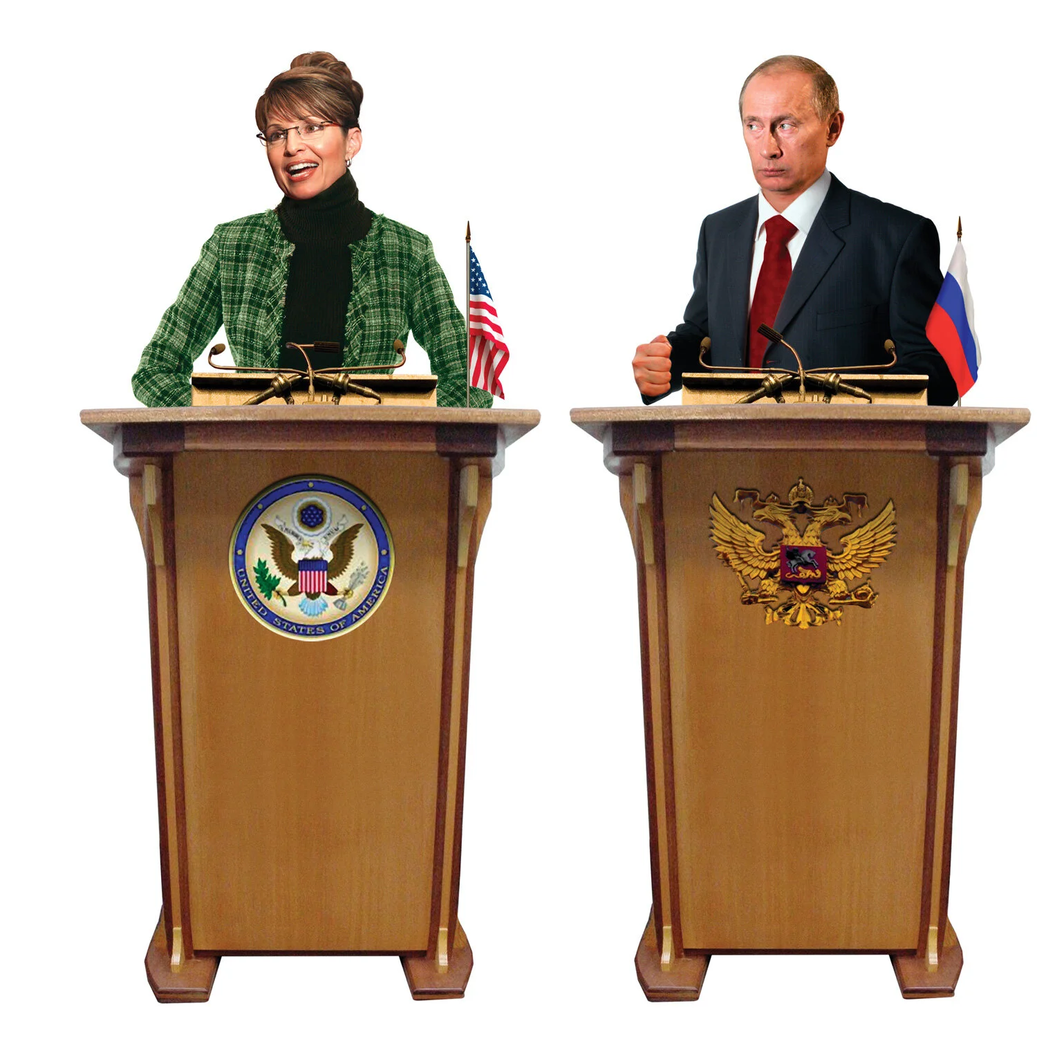 Two individuals standing behind podiums with USA and Russia emblems, holding flags, in a debate or conference setting.