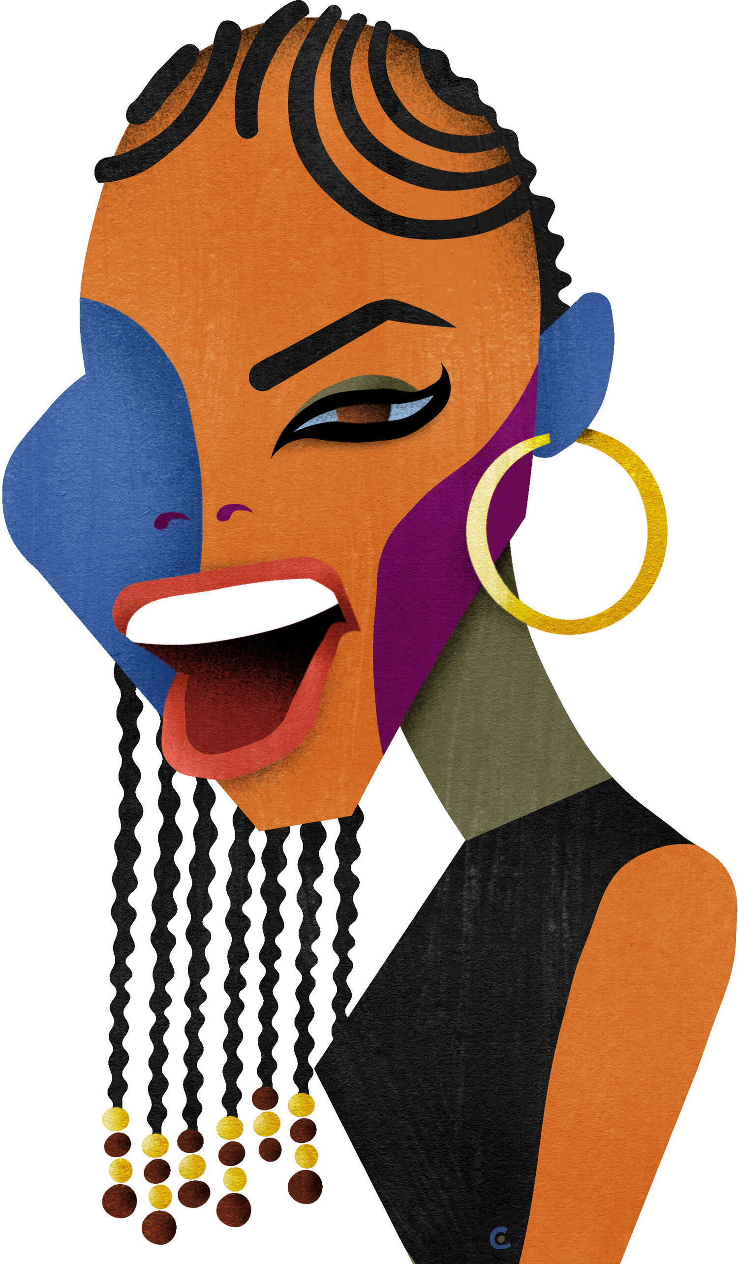 Colorful abstract illustration of a joyful person with stylized features, wearing large hoop earrings and braids with beads.