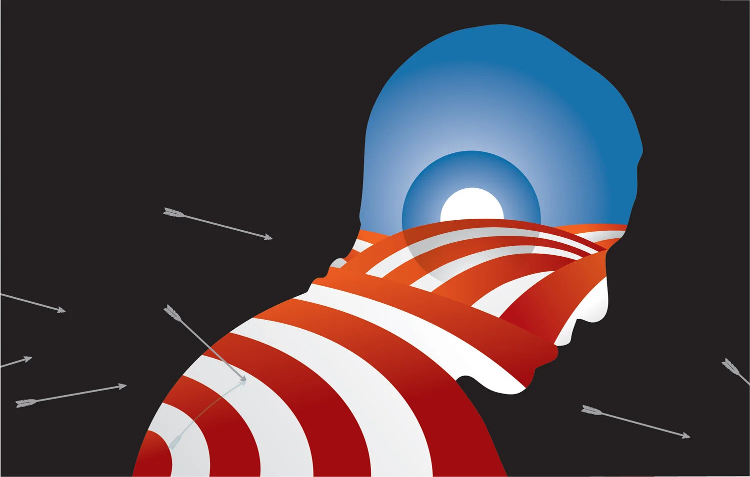 Abstract silhouette with red and white stripes, sun and sky inside, and arrows on a black background.