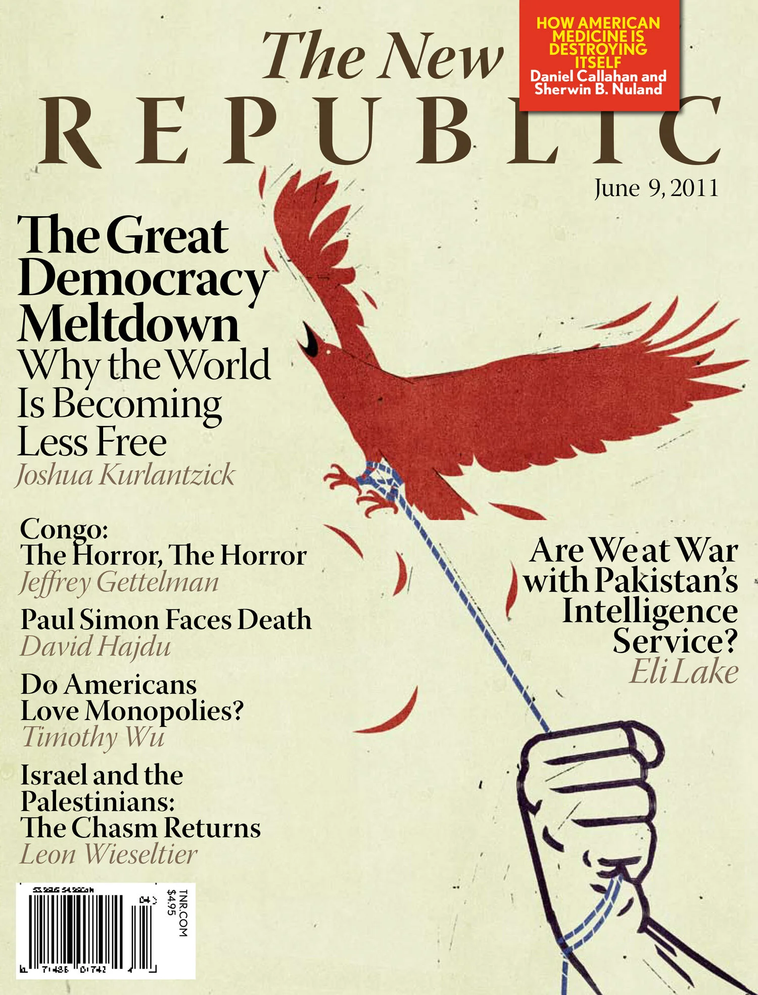 Cover of The New Republic magazine, June 9, 2011, featuring a red bird breaking free from a hand holding a rope. Headlines include "The Great Democracy Meltdown" by Joshua Kurlantzick, "Congo: The Horror, The Horror" by Jeffrey Gettleman, and "Are We