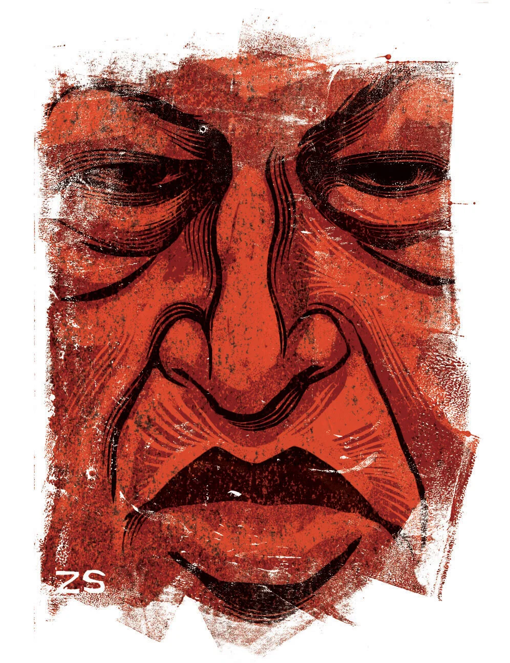 Abstract expressionist artwork featuring a distorted human face with bold red and black brushstrokes.