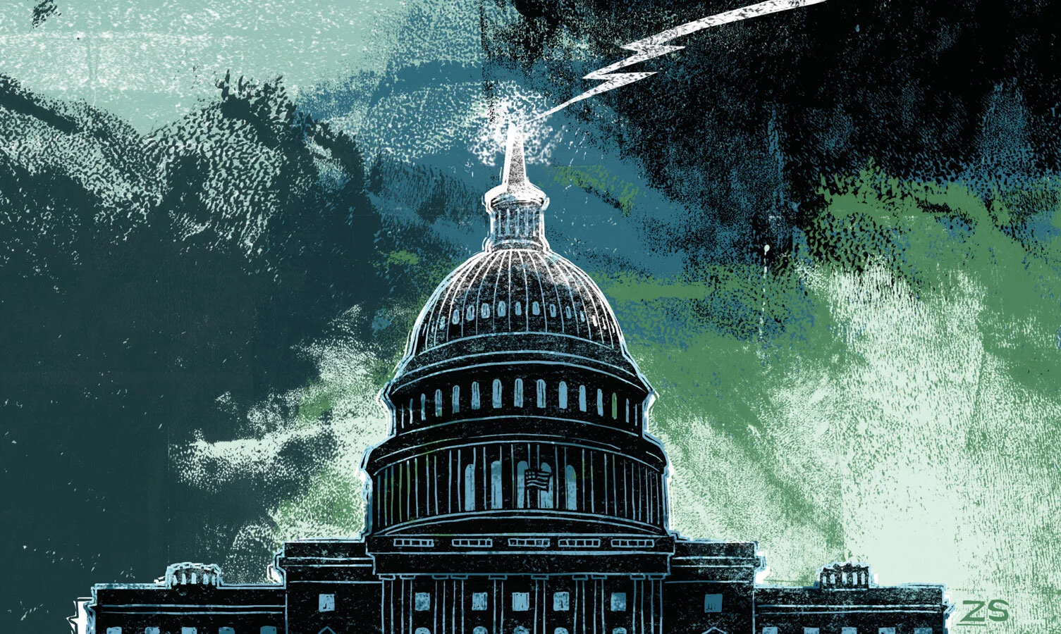 Illustration of the U.S. Capitol building under a stormy sky with lightning.