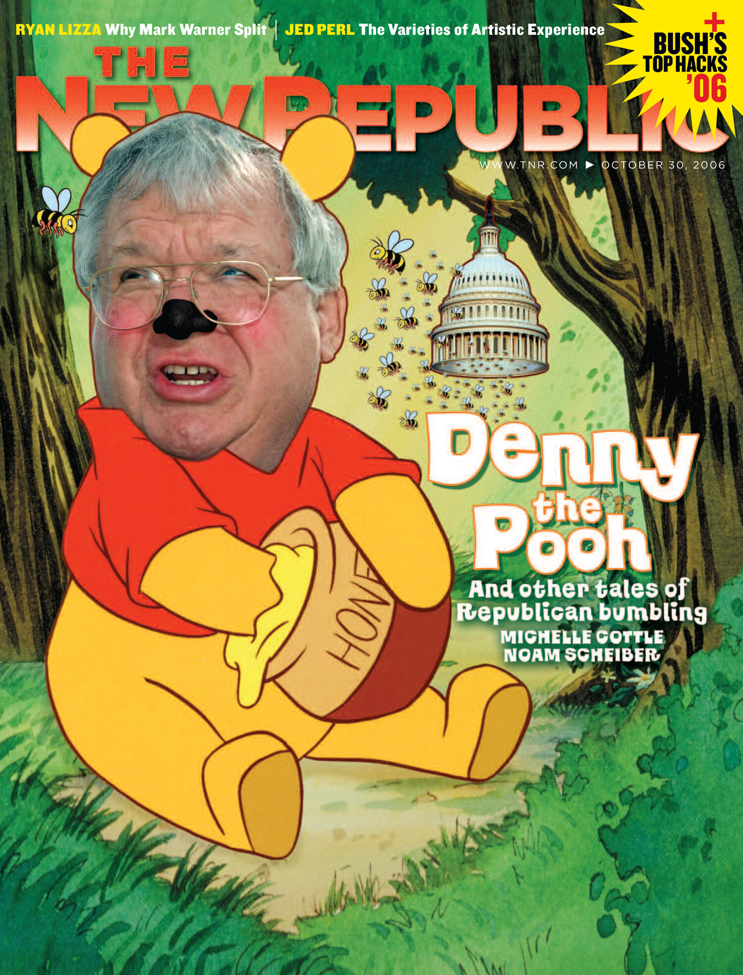 Magazine cover of The New Republic featuring a caricature of a person as Winnie the Pooh, sitting on the ground with a honey jar. The dome of the US Capitol is in the background, surrounded by bees. The headline reads "Denny the Pooh and other tales 