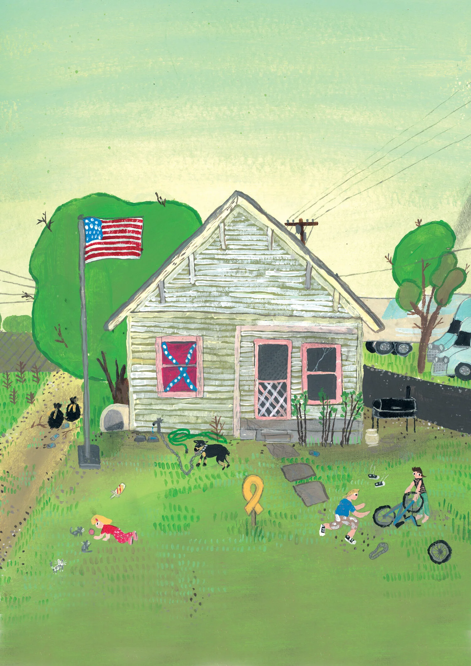Illustration of a rustic house with an American flag, a Confederate flag in a window, two children playing, a dog, and various outdoor items like a grill, hose, and tire. A truck is in the background.