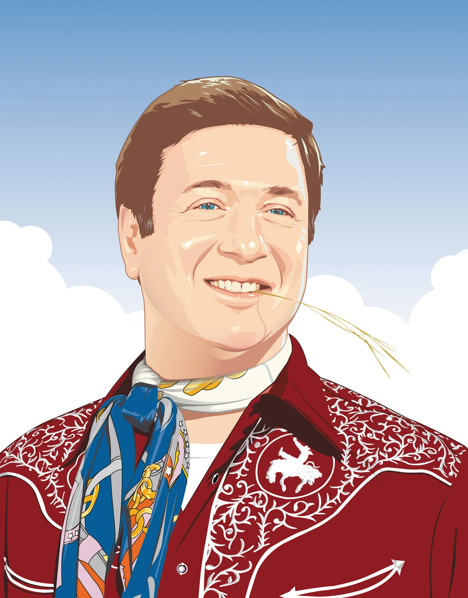 Illustration of a man wearing a cowboy shirt with ornate embroidery and patterned neckerchief, holding a straw between his teeth, against a sky background.