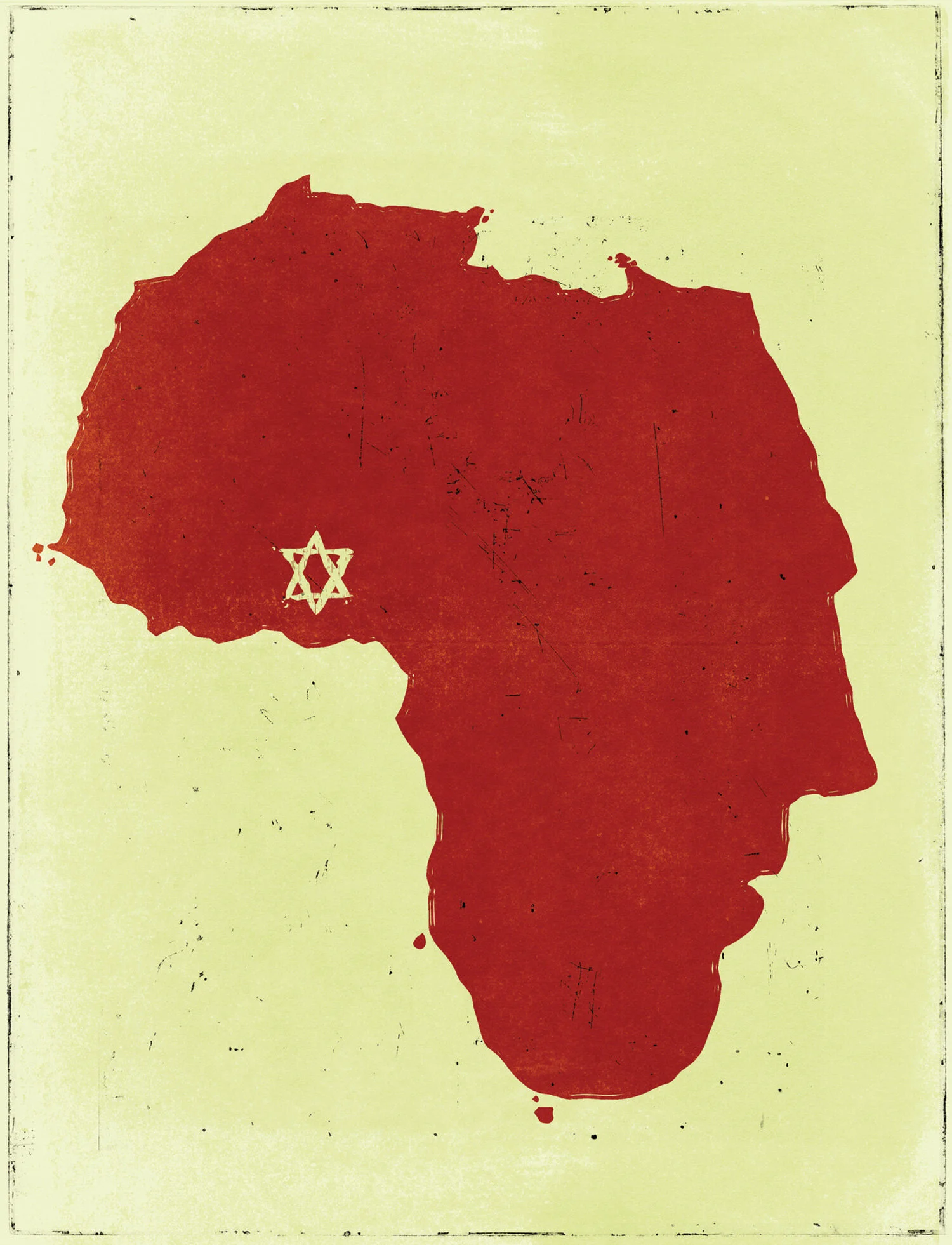 Silhouette map of Africa in red on a beige background with a Star of David near West Africa.