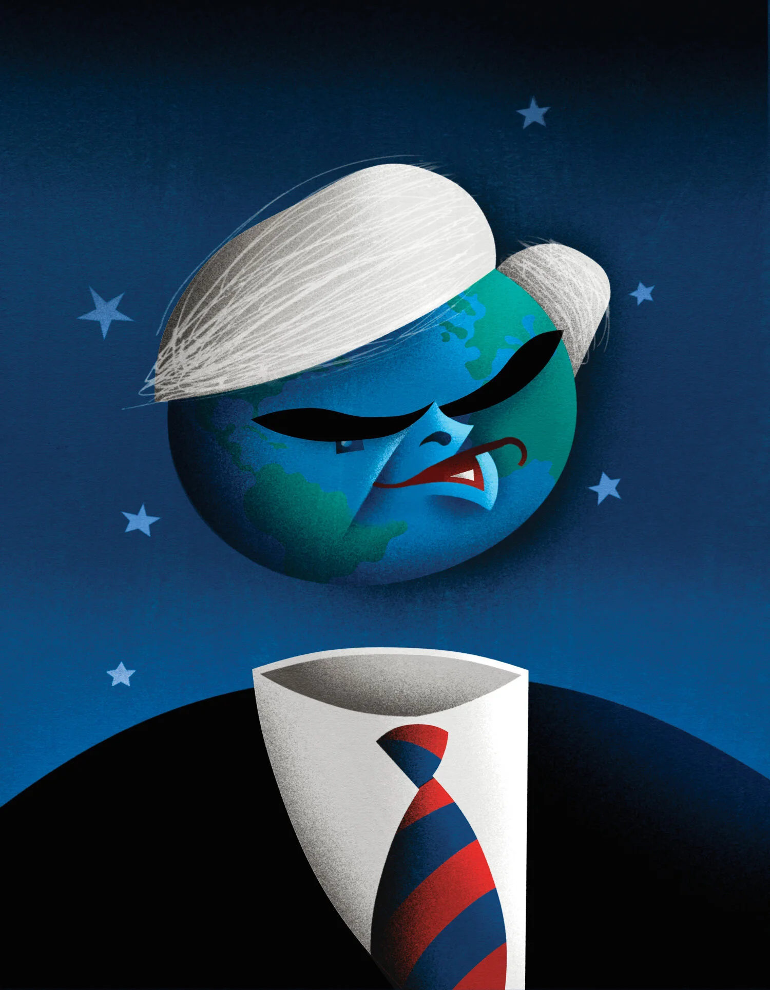 Illustration of Earth with human-like features, wearing a suit and tie, and styled hair. The background is dark blue with stars.