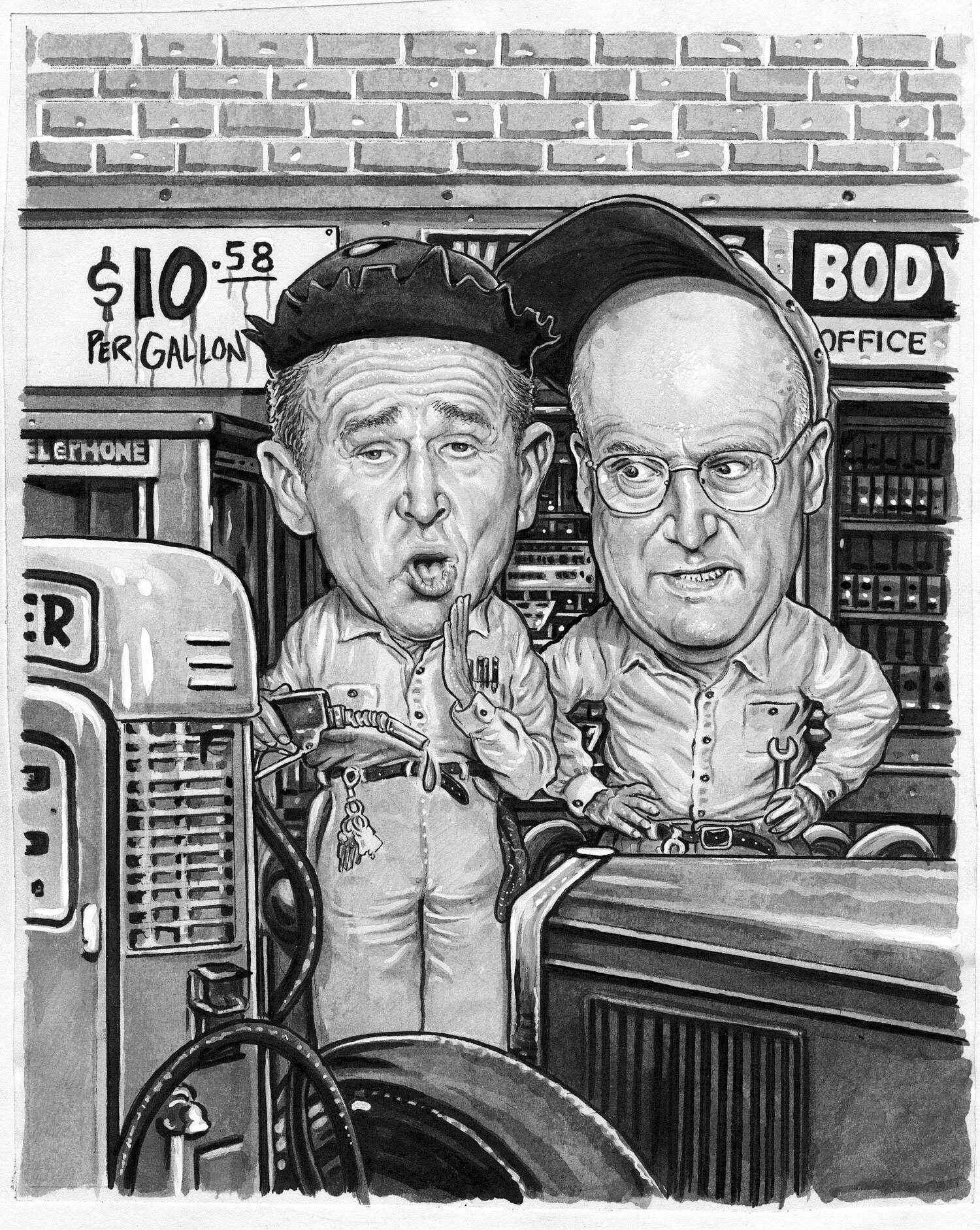Caricature of two men wearing mechanic outfits at a gas station with a pump in the foreground. A sign in the background displays the gas price as $10.58 per gallon.