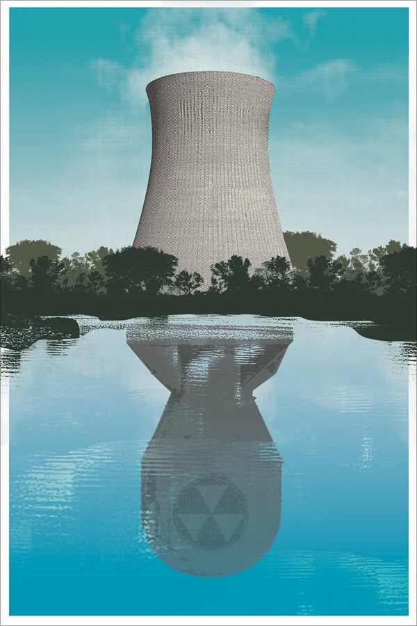 Illustration of a nuclear cooling tower with its reflection resembling a bomb in a body of water, surrounded by trees under a blue sky.