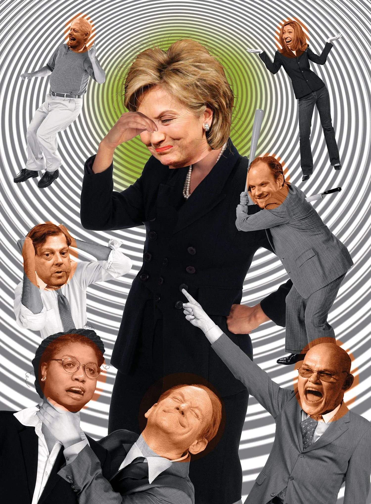 Collage of people in suits with exaggerated expressions against spiral background.