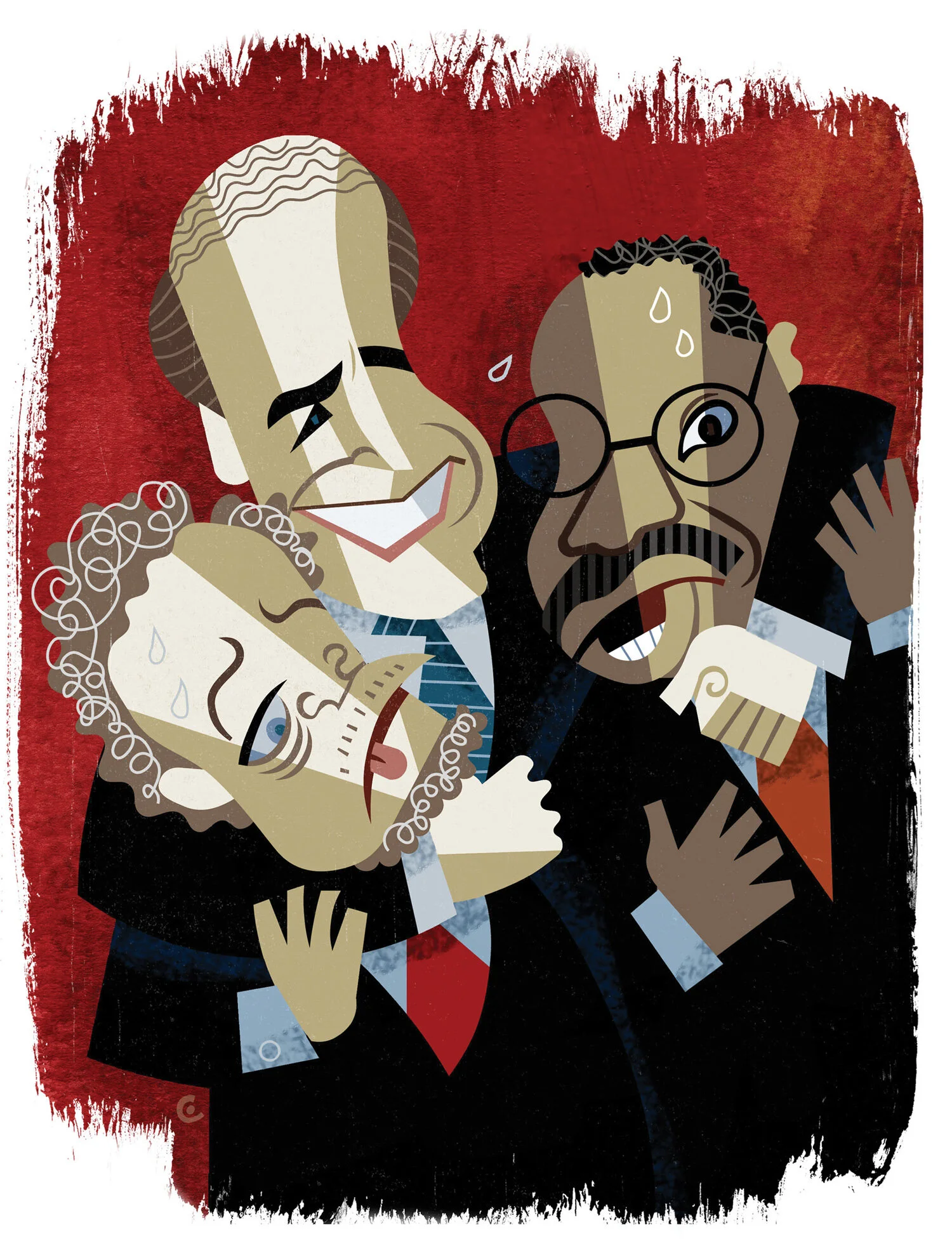 Stylized illustration of three men in suits with abstract facial expressions, set against a textured red background. The men appear to be interacting in a humorous or exaggerated manner.