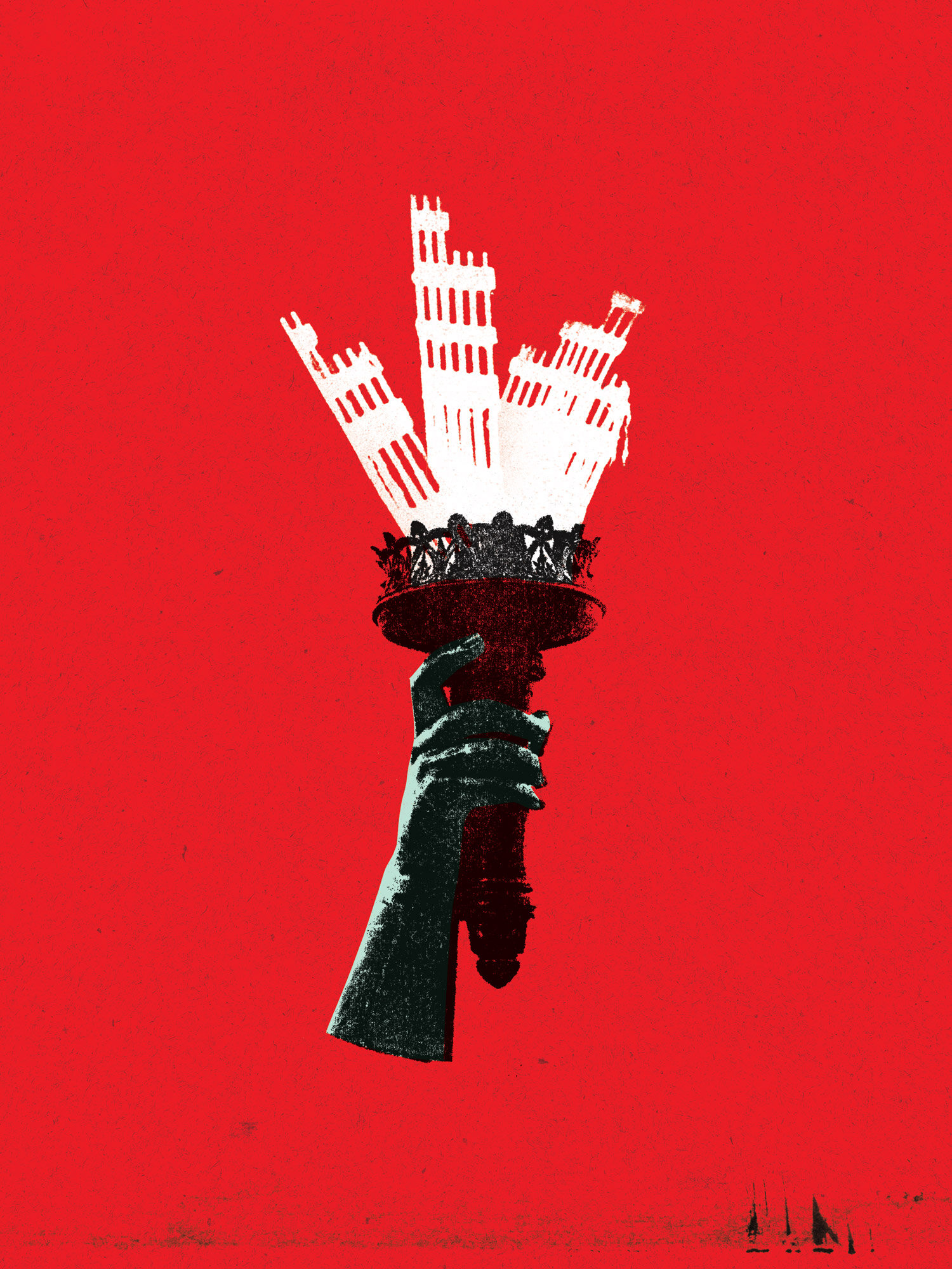 Illustration of a hand holding a torch with leaning buildings, resembling towers emerging from the flame, set against a red background.