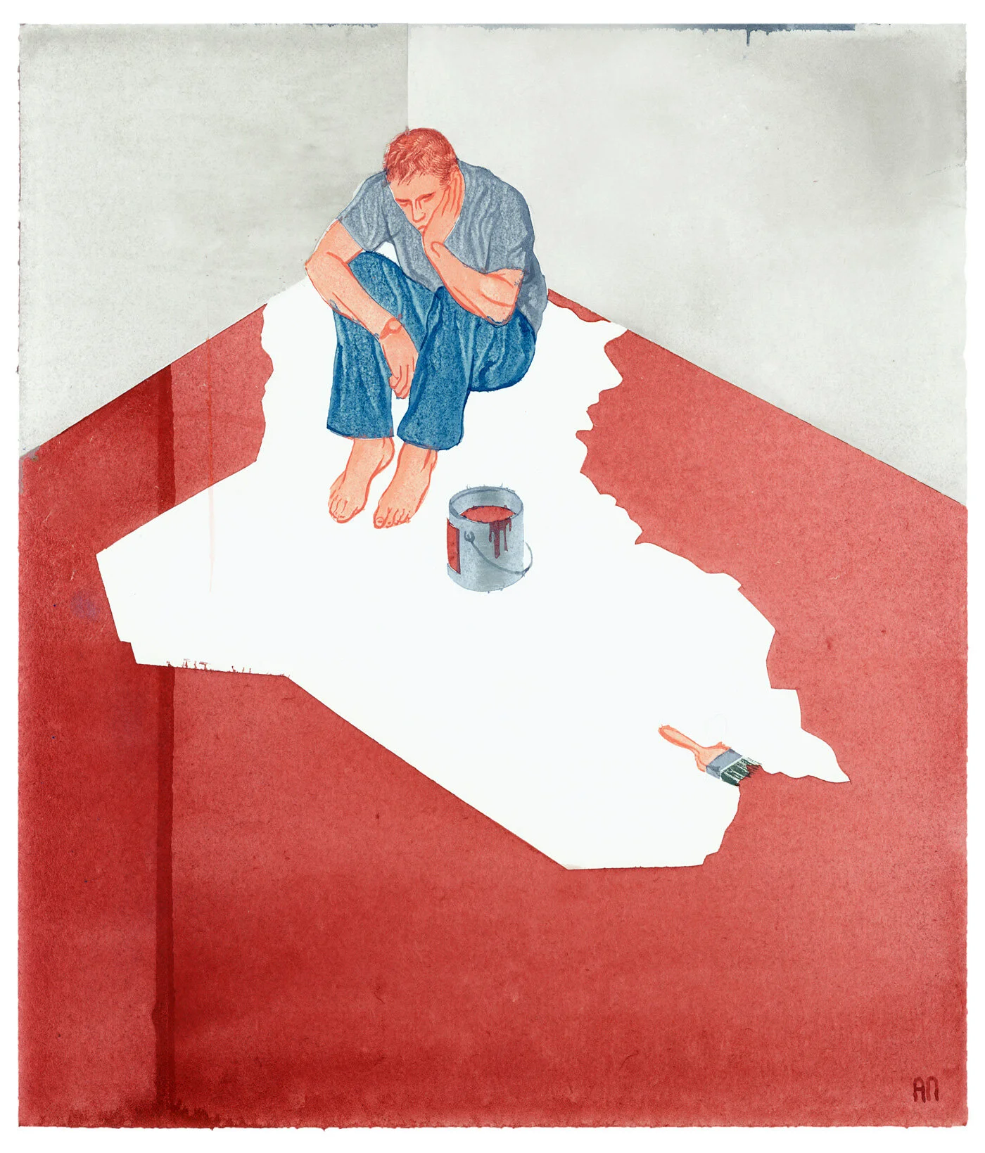 Illustration of a man sitting in a corner of a room. He is surrounded by red-painted floor with a bucket of paint and paintbrush beside him. The unpainted section creates a trap-like shape around him.