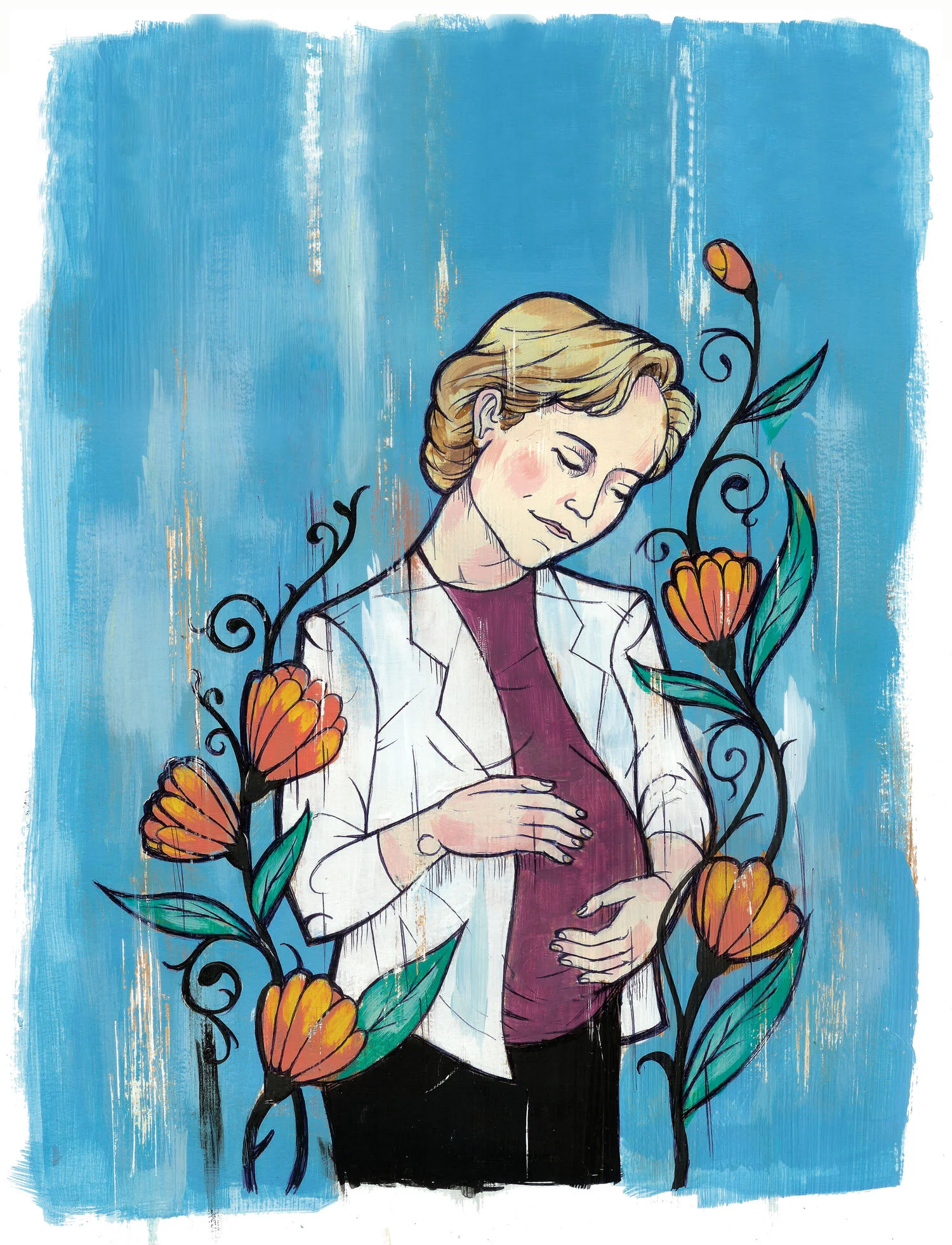 Illustration of a pregnant woman gently cradling her belly with floral vines surrounding her on a blue textured background.