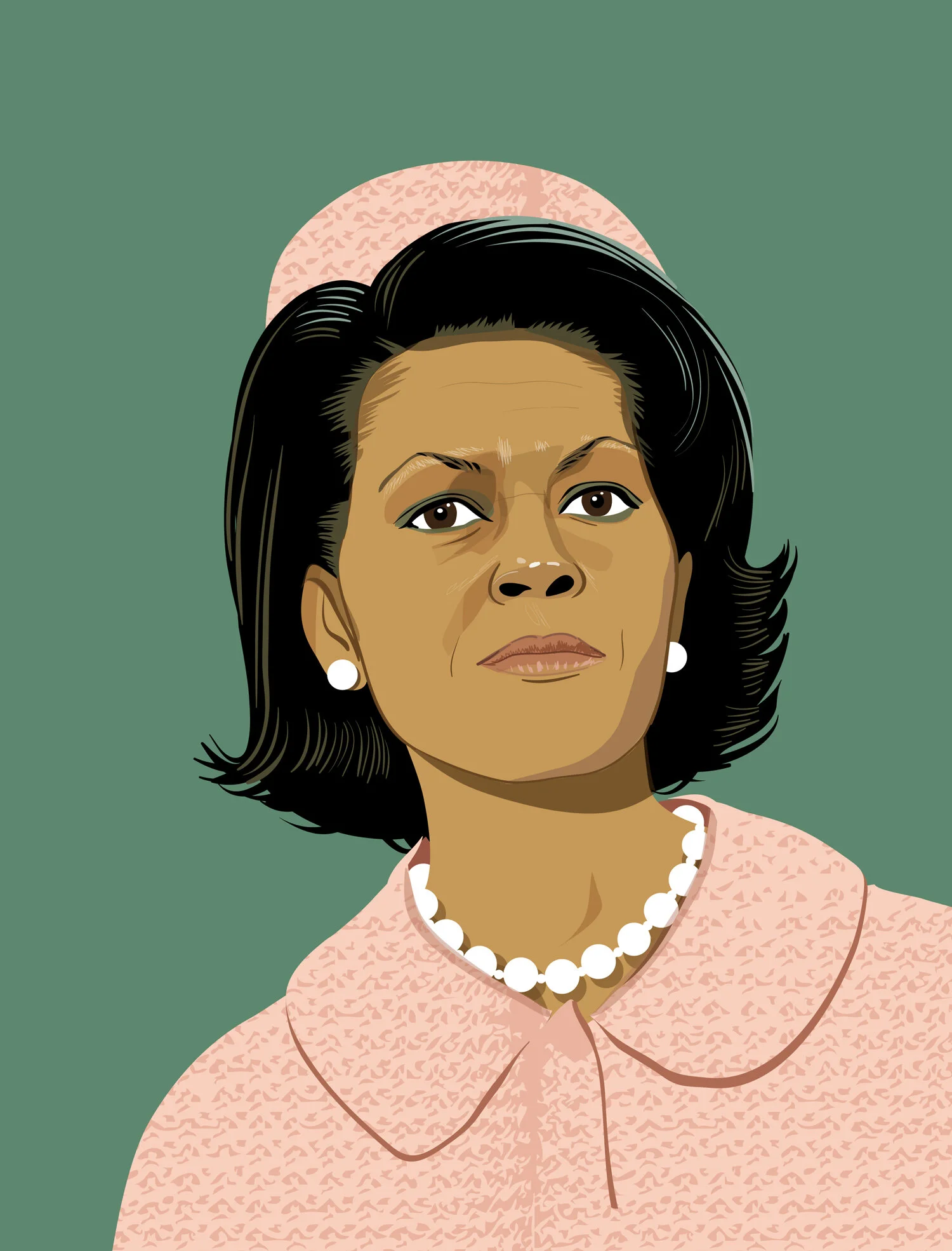Illustration of a woman with black hair wearing a pink outfit, a hat, pearl necklace, and earrings, on a green background.