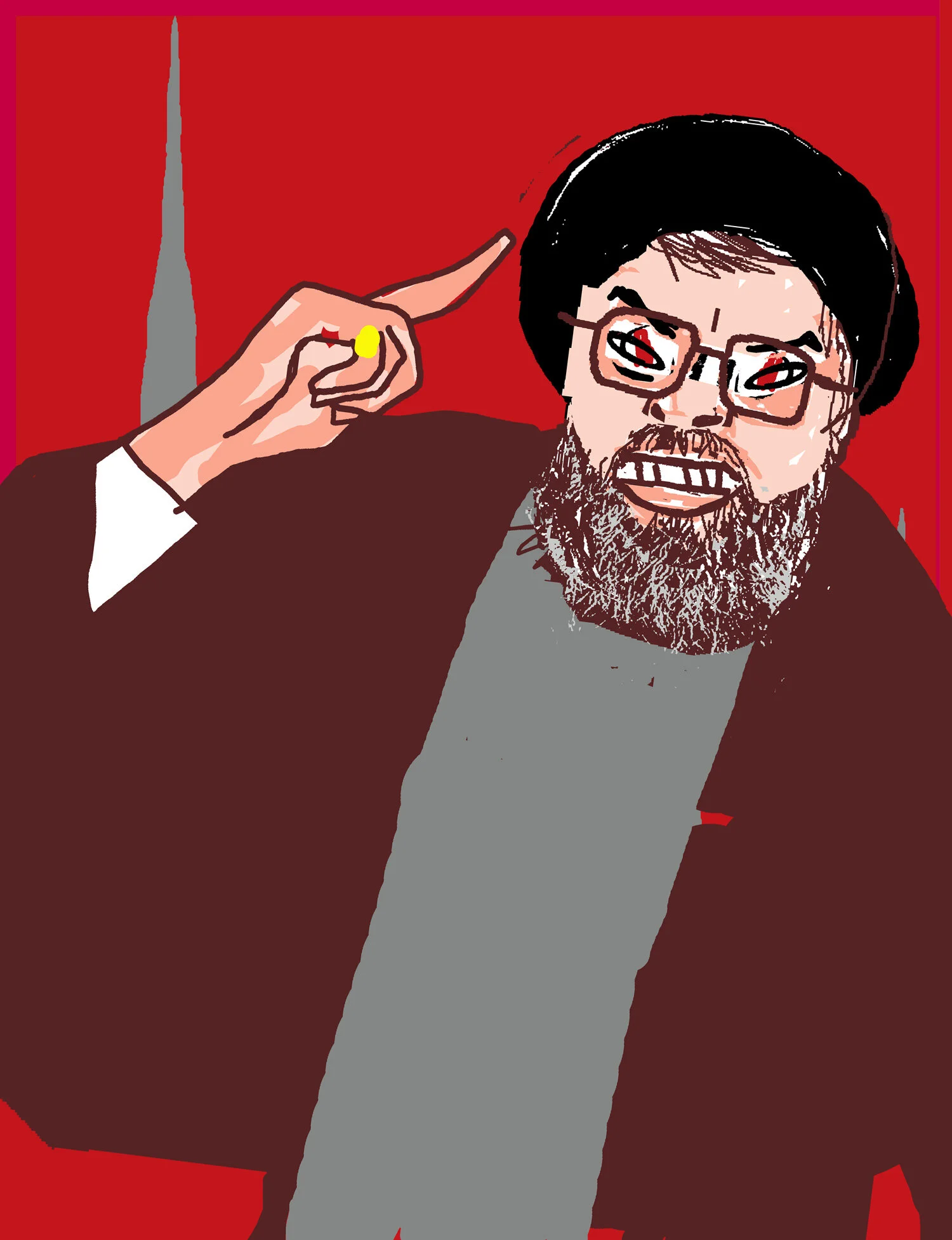 Abstract illustration of a person with a beard, wearing glasses and a head covering, pointing against a red background.