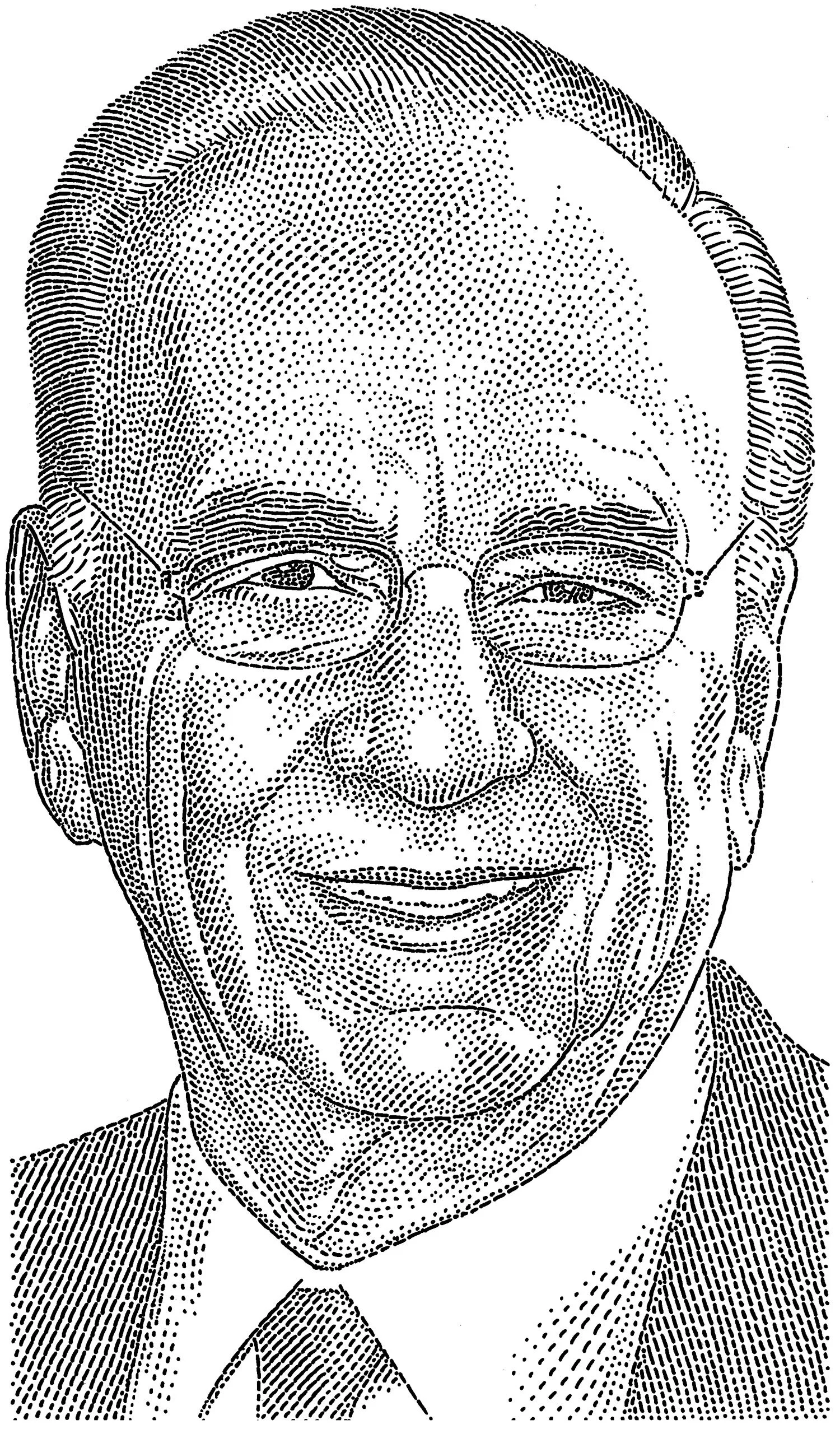 Etched illustration of an elderly man wearing glasses, smiling, in a suit and tie, made using dot and line patterns.