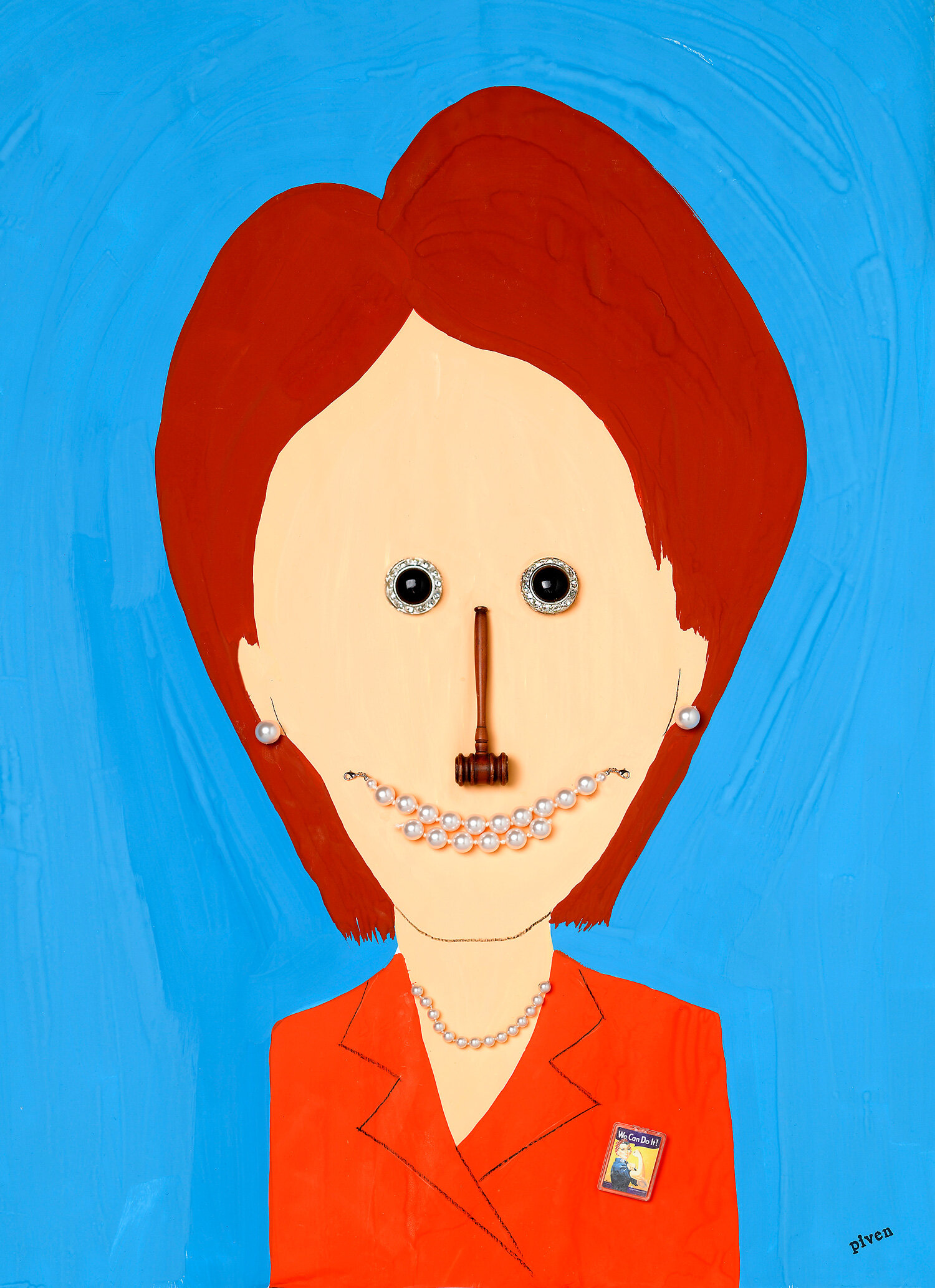 Abstract painting of a person with objects as facial features against a blue background, featuring pearl-like accents and a small gavel for the nose.