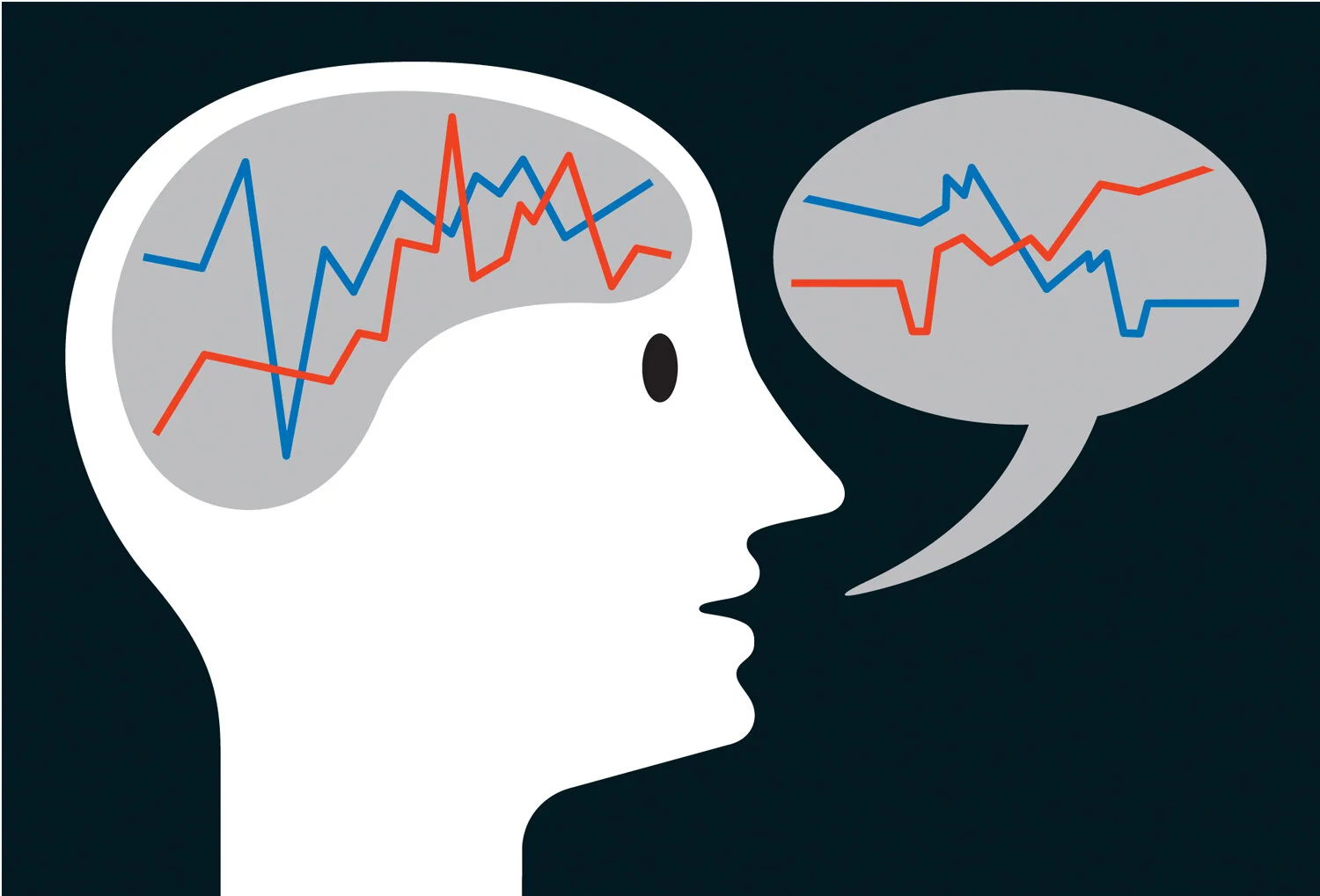 Illustration of a human head and speech bubble with red and blue lines representing brain activity and communication.