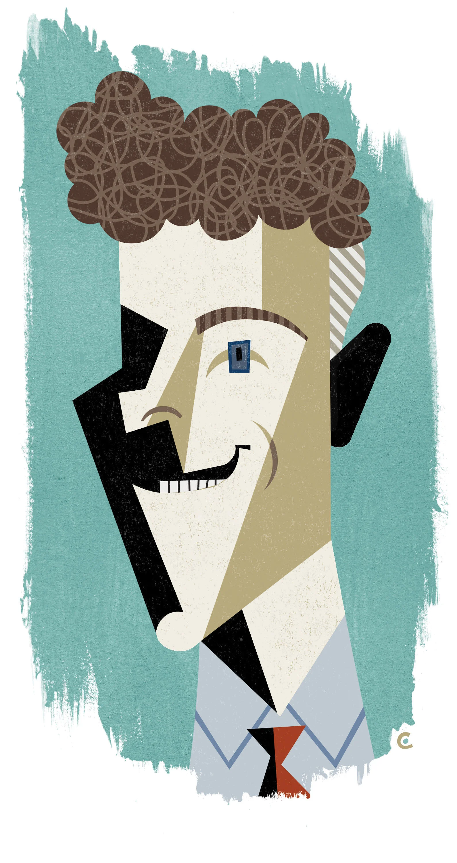 Abstract portrait illustration with geometric shapes, featuring a person with curly hair and a blue eye, on a teal background.