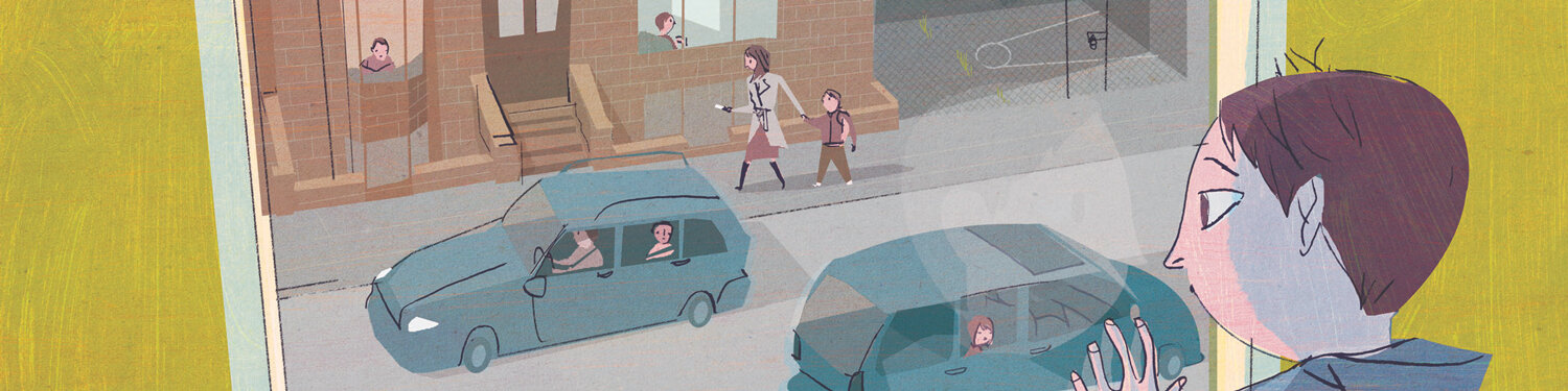 Illustration of a person looking out a window at people and cars on a street, with a building in the background.