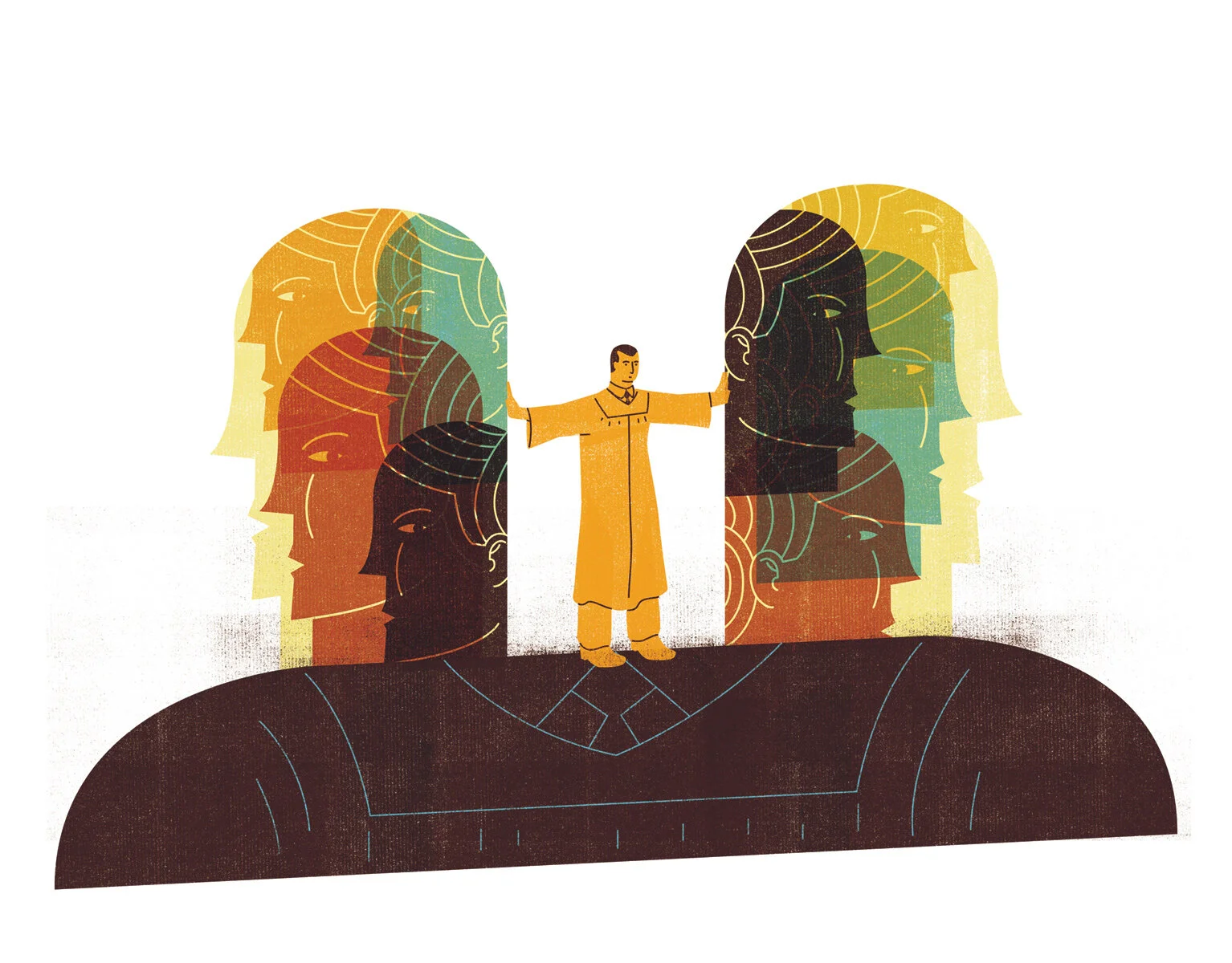 Abstract illustration with a person in an orange robe standing between two large silhouetted heads composed of overlapping colorful profiles, suggesting themes of identity and diversity.
