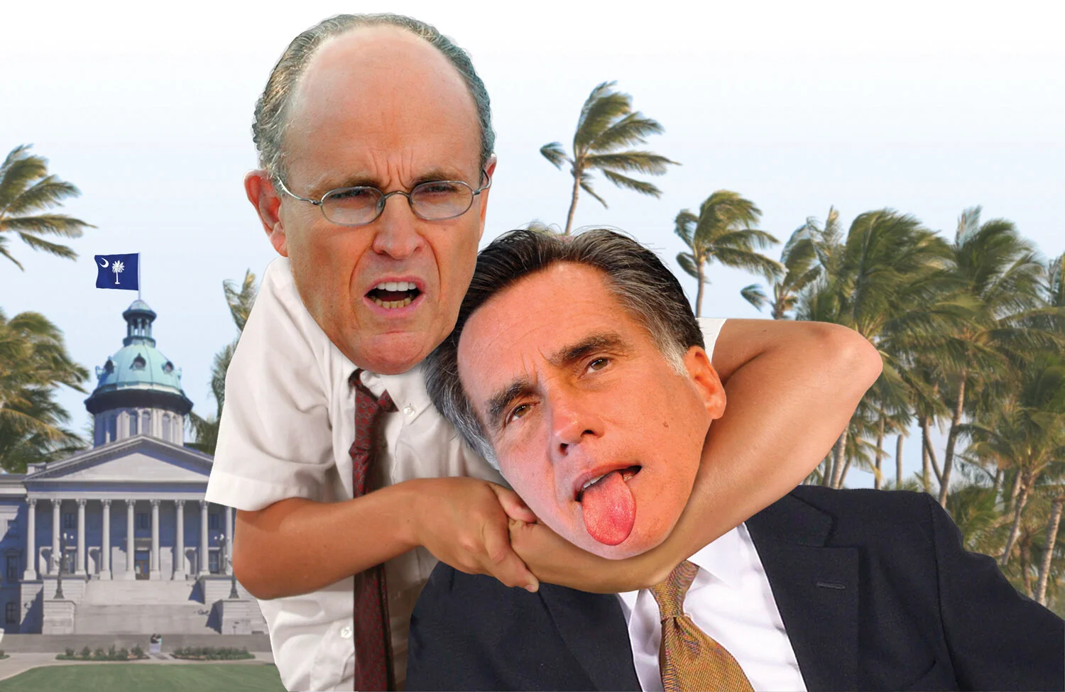 Two men in a humorous, exaggerated headlock in front of a building with palm trees and a flag.