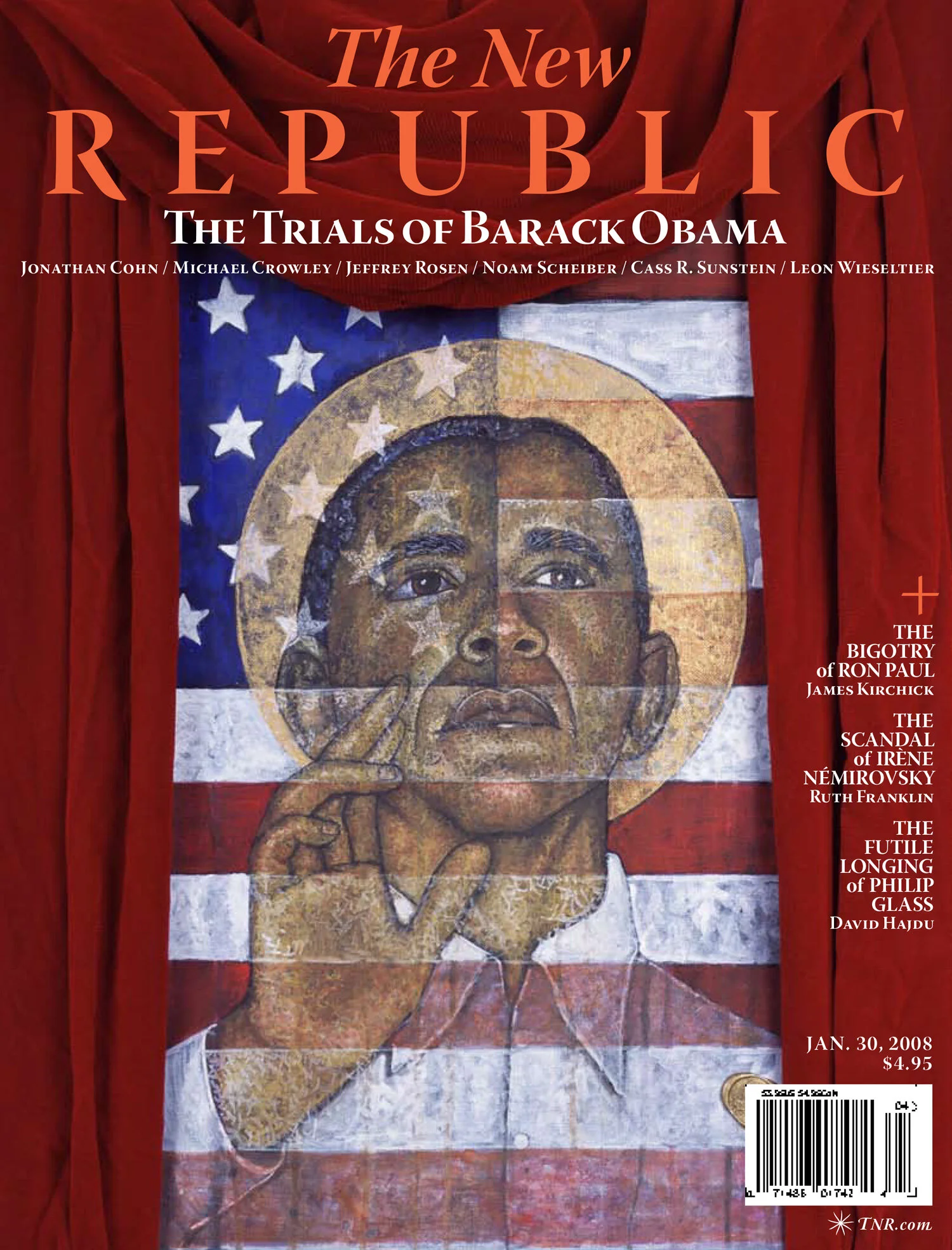 Magazine cover of The New Republic featuring Barack Obama depicted as a piece of artwork with a halo and an American flag background, surrounded by articles about political topics. Date: January 30, 2008.