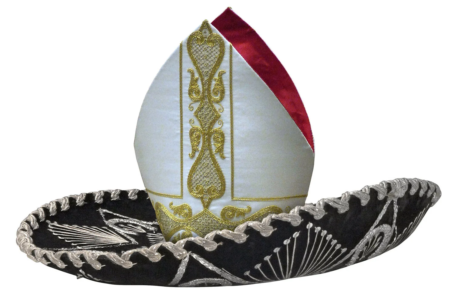 A Mexican sombrero and a papal miter placed together, showcasing cultural headwear.