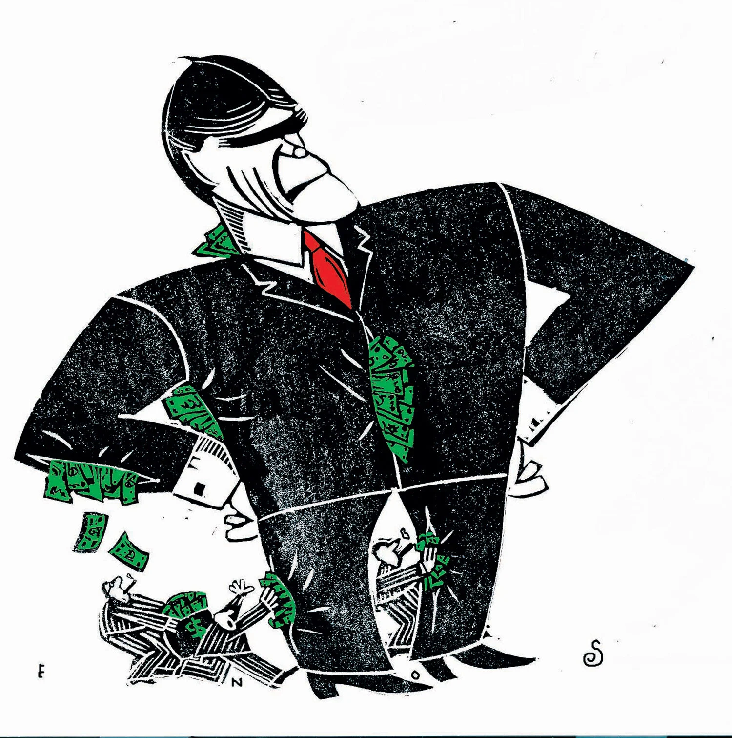 Cartoon of a large businessman with money, surrounded by smaller businessmen holding cash.