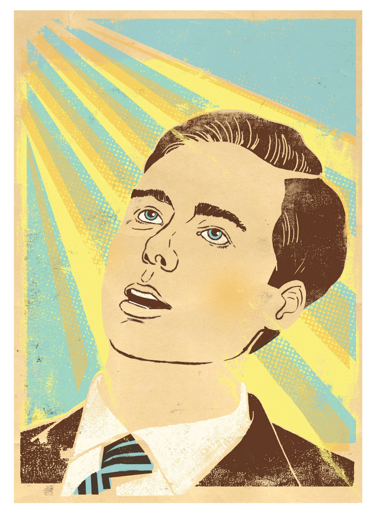 Vintage-style illustration of a man in a suit looking upwards with a backdrop of blue and yellow rays.