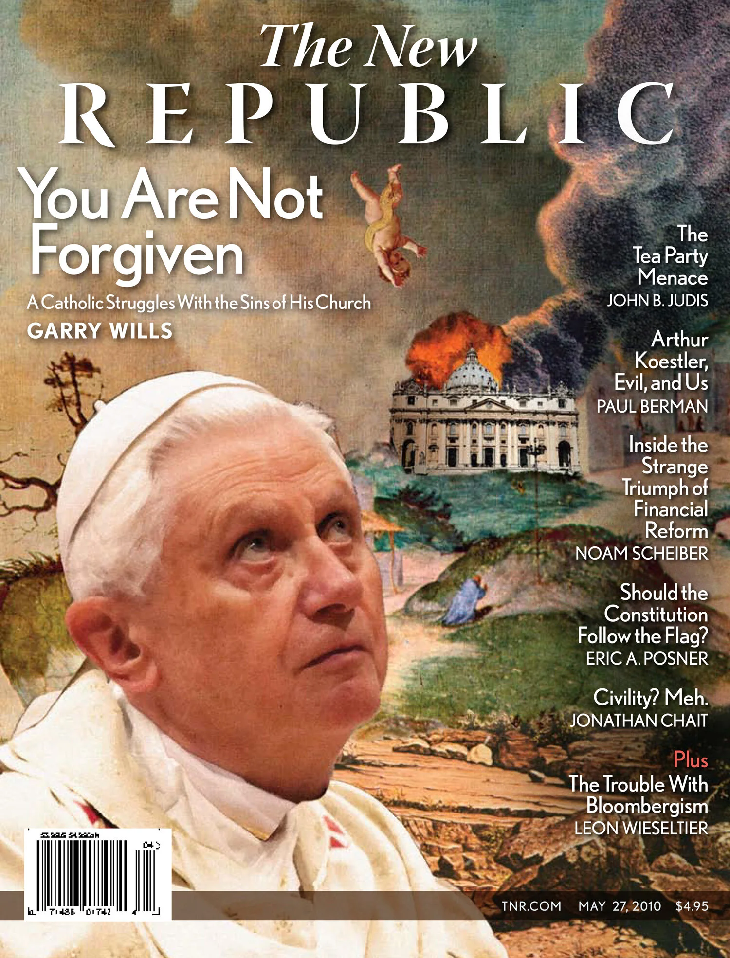 The New Republic magazine cover featuring a religious figure, with a background image of the Vatican and artistic elements. Headline reads "You Are Not Forgiven." Articles by various authors are listed on the right.