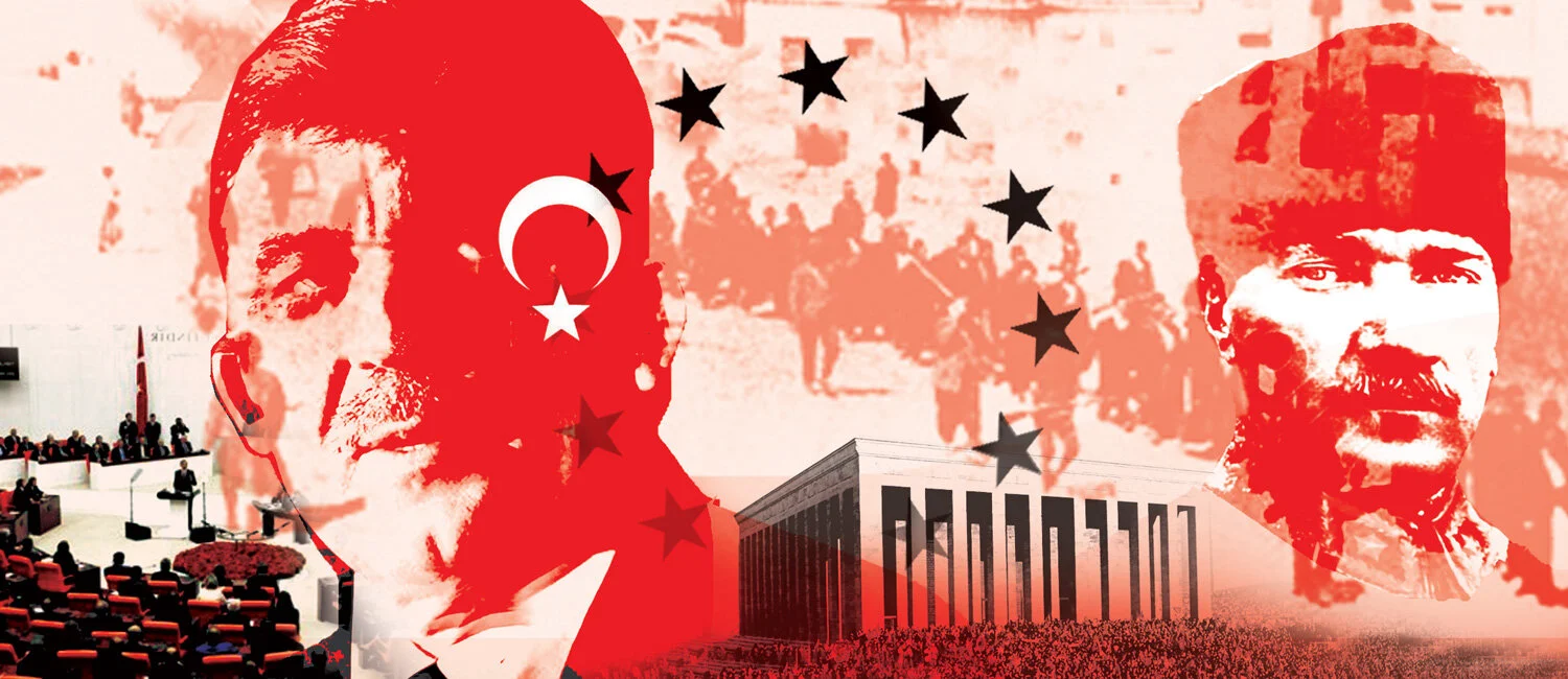 Collage featuring Turkish historical figures, red-toned imagery, Turkish flag elements, stars, parliament scene, and a monument.