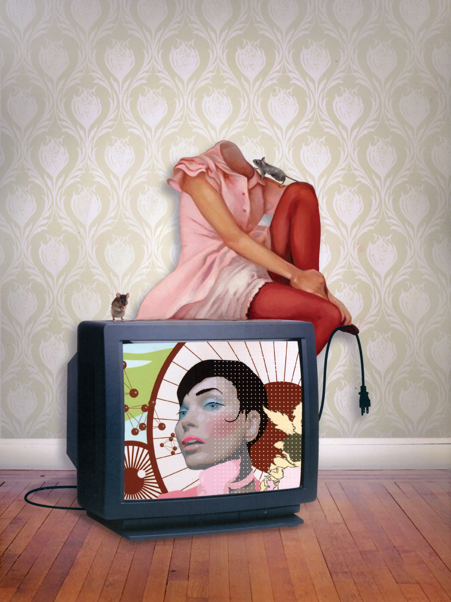 Surreal artwork featuring a headless seated mannequin wearing a pink dress and red stockings, with a small animal on its shoulder. In front sits an old television displaying a stylized portrait of a woman against a patterned background. The floor is 