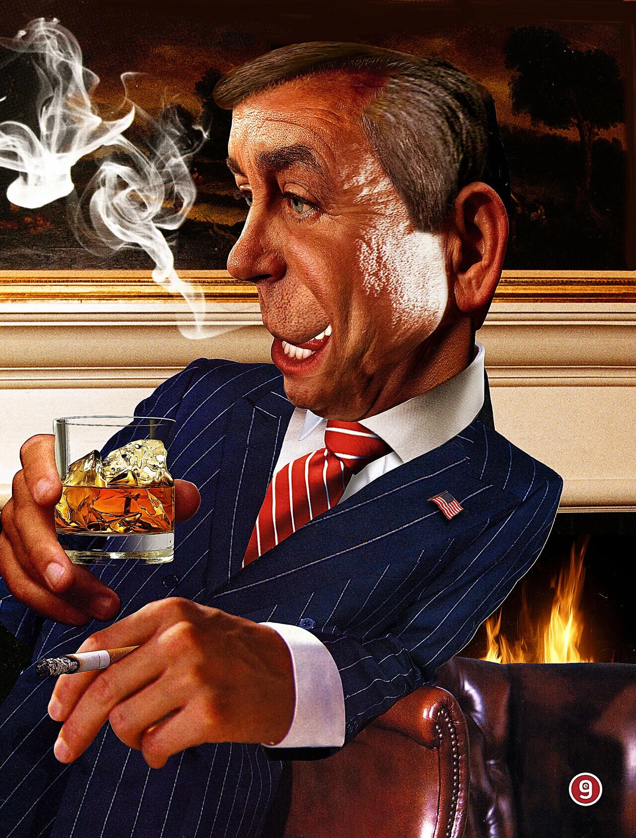 Caricature of a man in a suit holding a drink and cigarette, with smoke and a fireplace in the background.