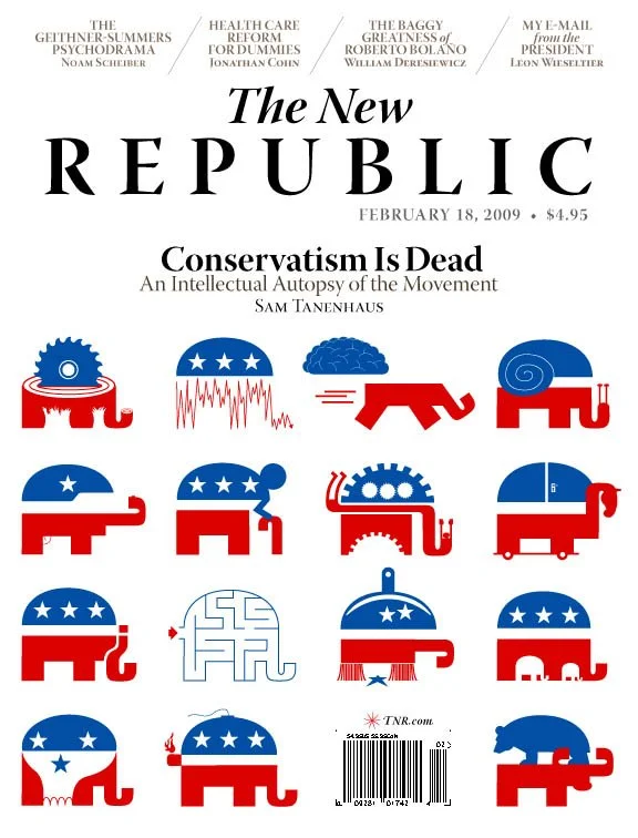 Cover of The New Republic magazine, February 18, 2009, featuring a headline "Conservatism Is Dead" and illustrations of elephant symbols in various states of disrepair or transformation, representing changes in the conservative movement.