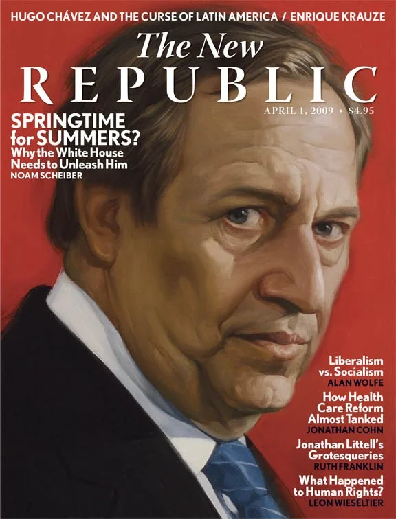 Cover of The New Republic magazine featuring a painted portrait of a man in a suit against a red background, titled "Springtime for Summers?," with various article titles.