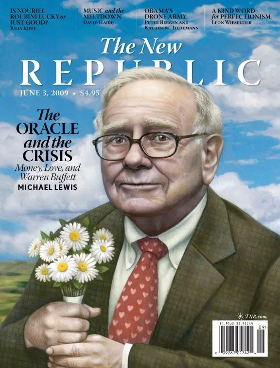 The New Republic magazine cover featuring a caricature of an older man with glasses holding daisies. Text includes "The Oracle and the Crisis" and mentions Warren Buffett and Michael Lewis. Issue dated June 3, 2009.