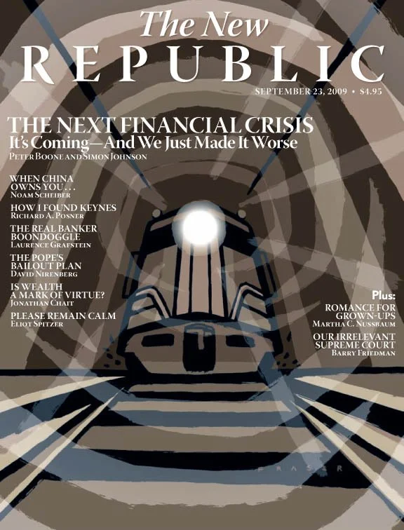 Cover of The New Republic magazine, September 23, 2009, featuring an illustration of a train headlight in a tunnel and a list of articles about financial crises and economic topics.