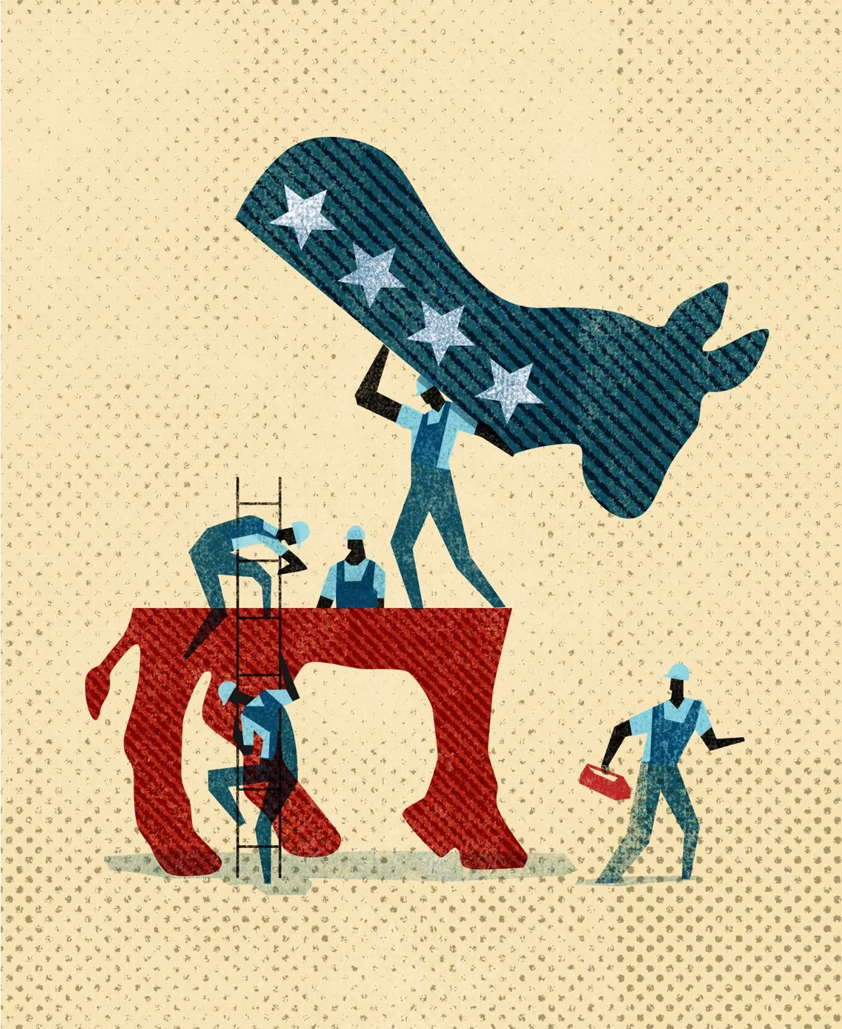 Illustration of workers holding up a blue donkey with stars and climbing on a red elephant, symbolizing American political parties.