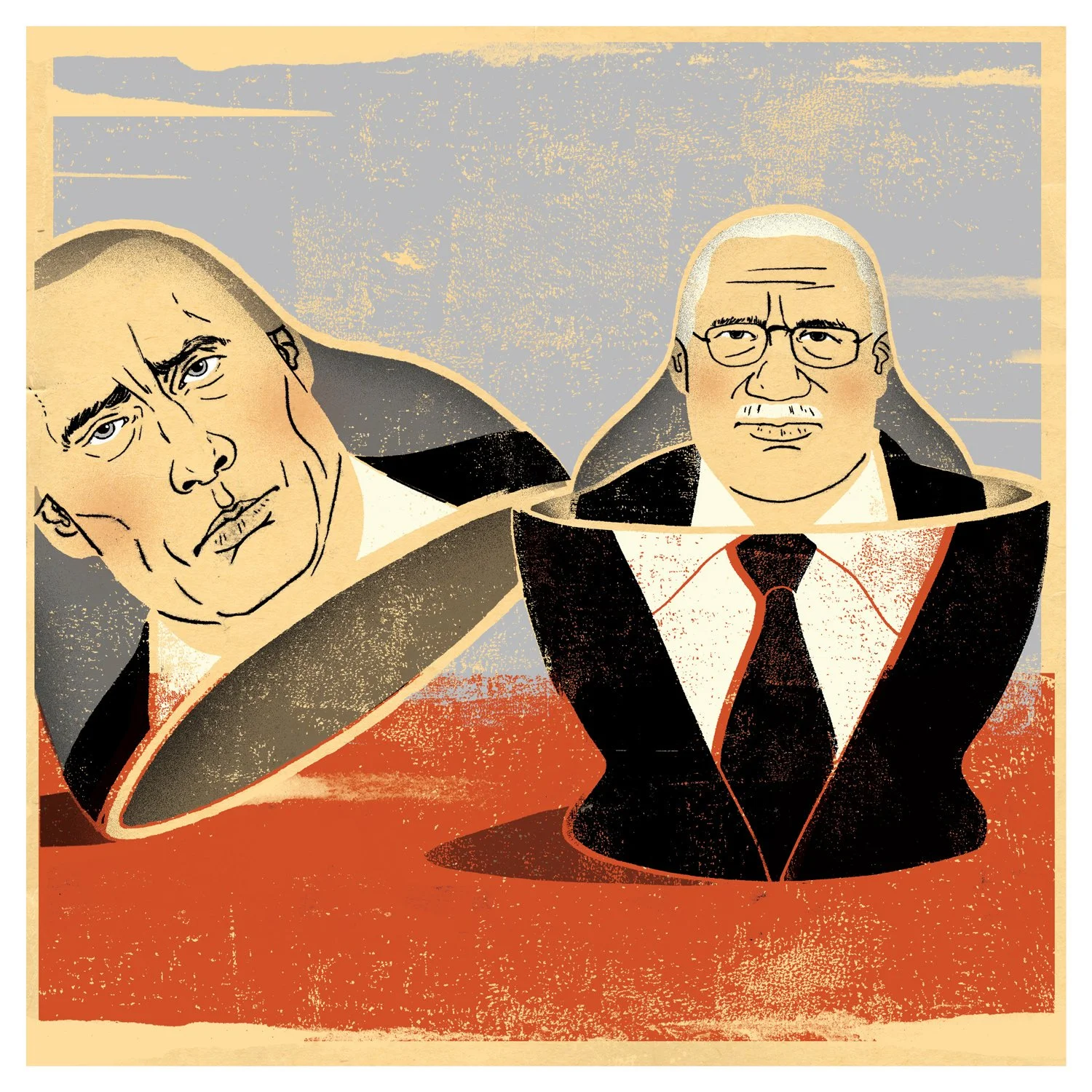 Illustration of a nesting doll with an older man inside, both wearing suits.