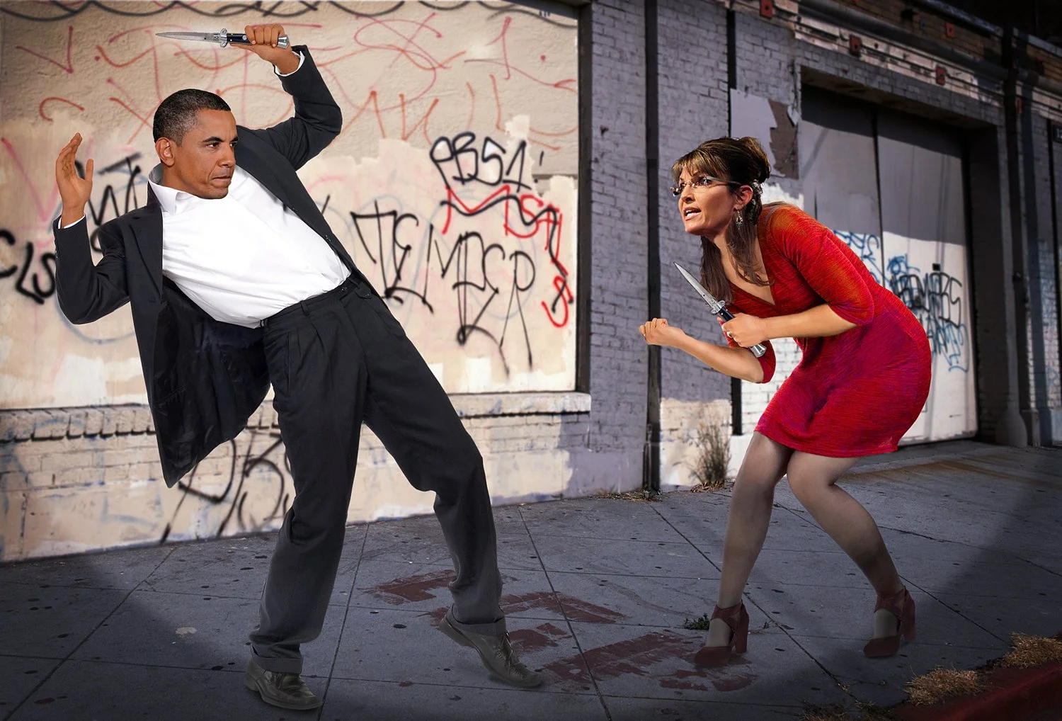 Two individuals in a dramatic pose with knives, standing on a graffiti-covered urban street.