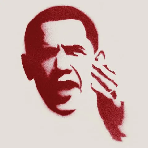 Red stencil art of a man speaking, with one hand raised to his chin.